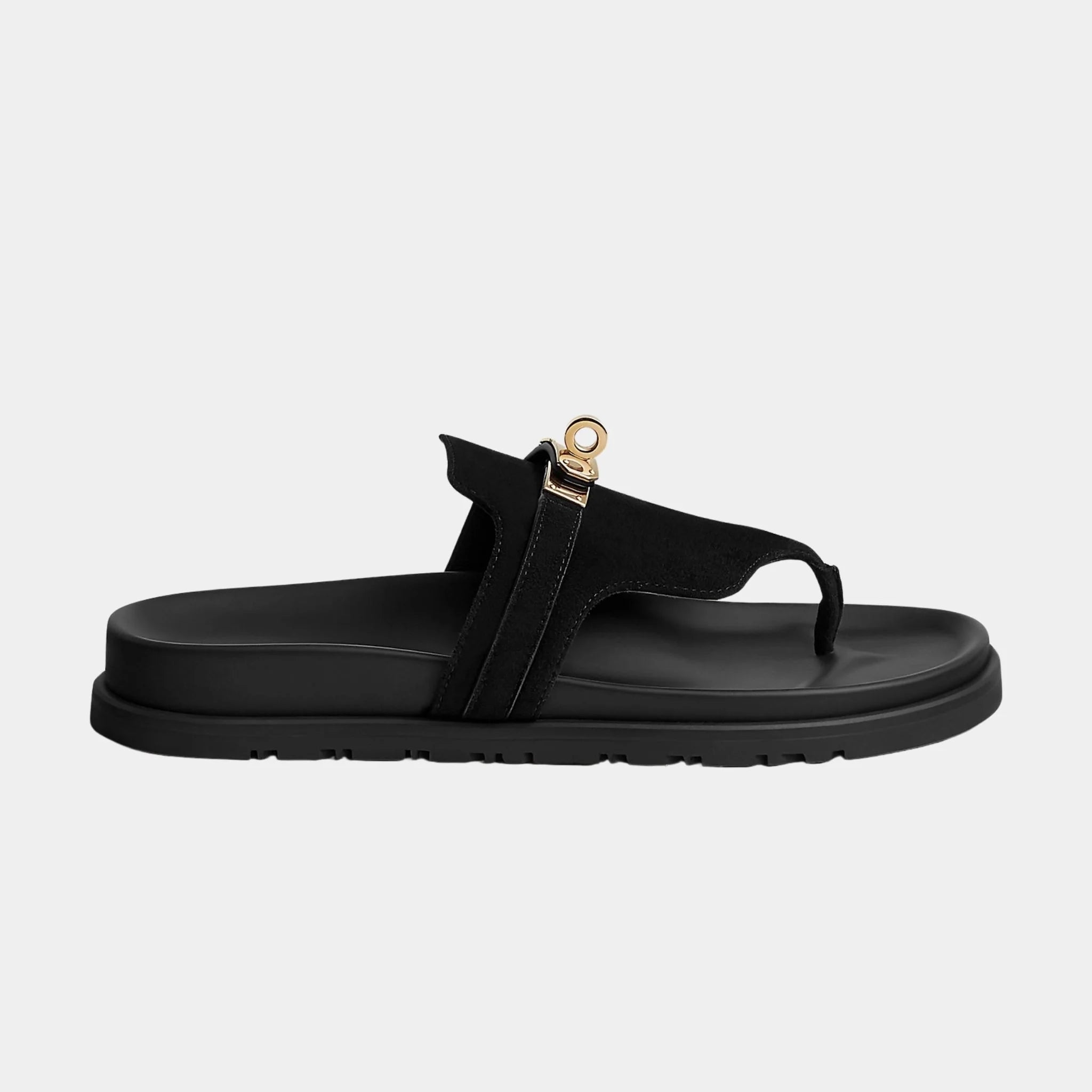 Hermes Empire Sandals in Suede Goatskin, Noir, Side