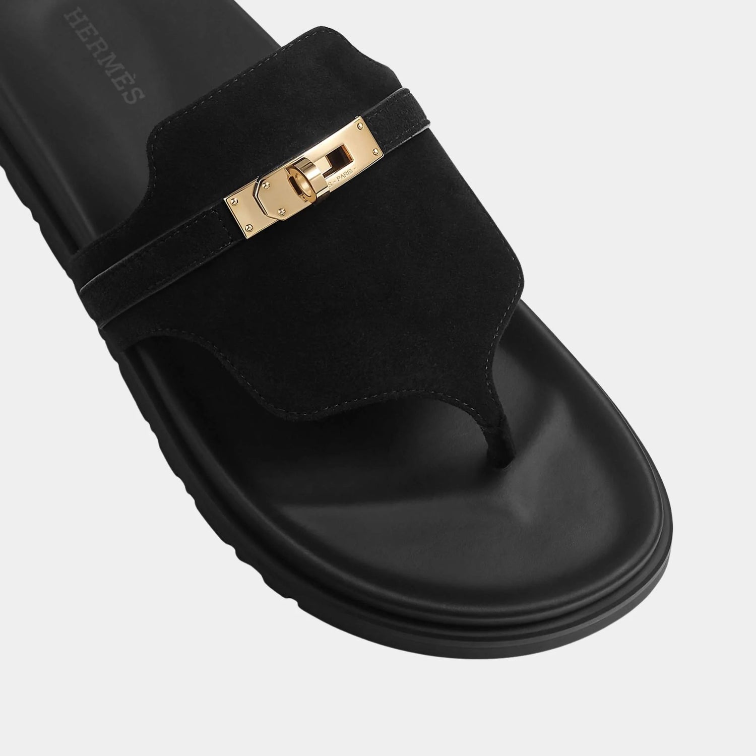 Hermes Empire Sandals in Suede Goatskin, Noir, Top