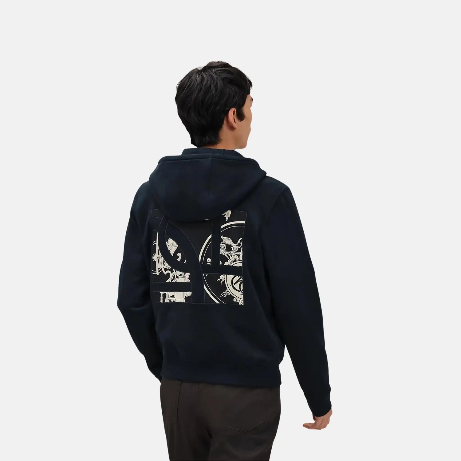 Hermes Ex-Libris Hooded Sweater with Silk Detail, Marine, Back