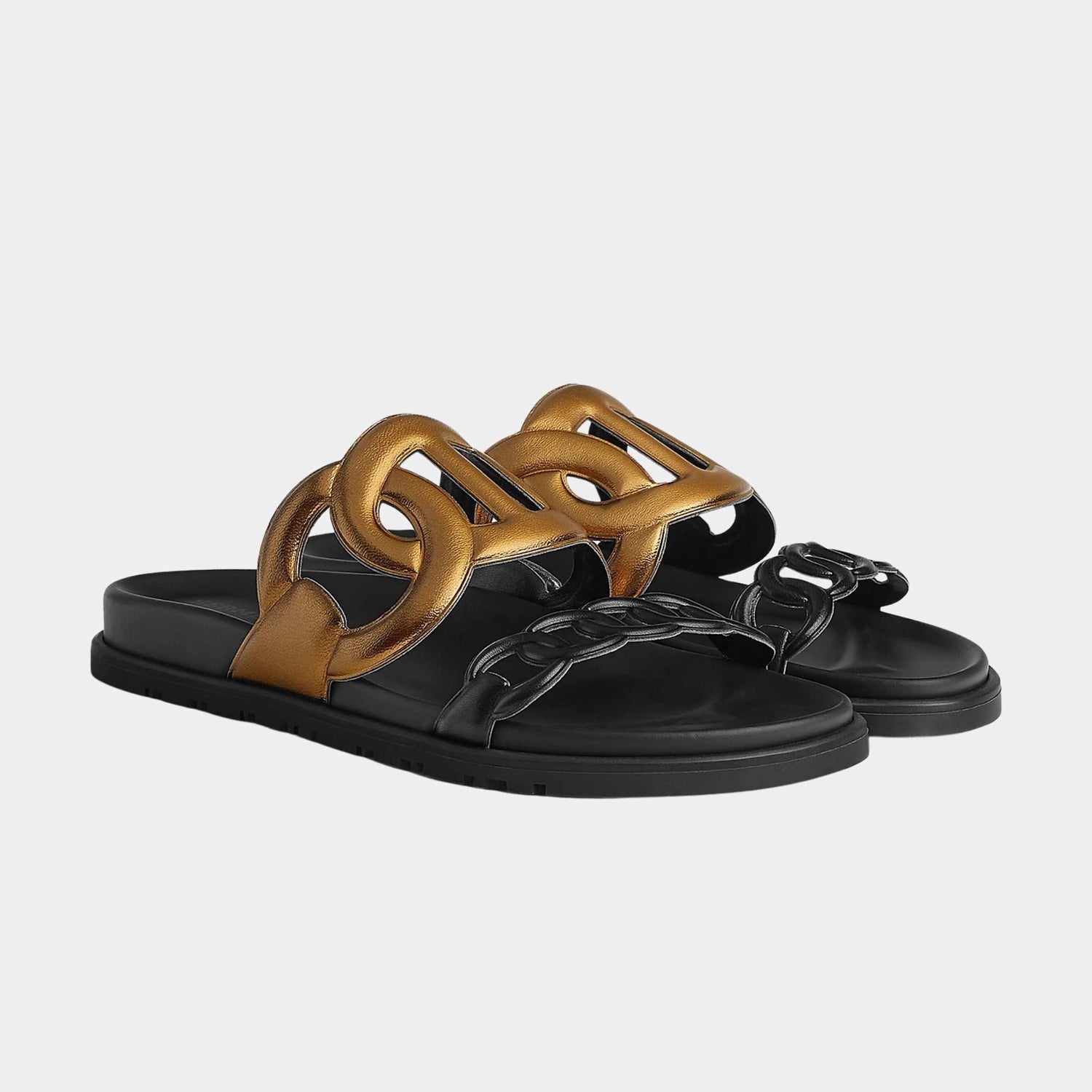 Hermes Extra Sandal in Nappa Leather with Metallic Finish, Dore Fonce, Noir, Front