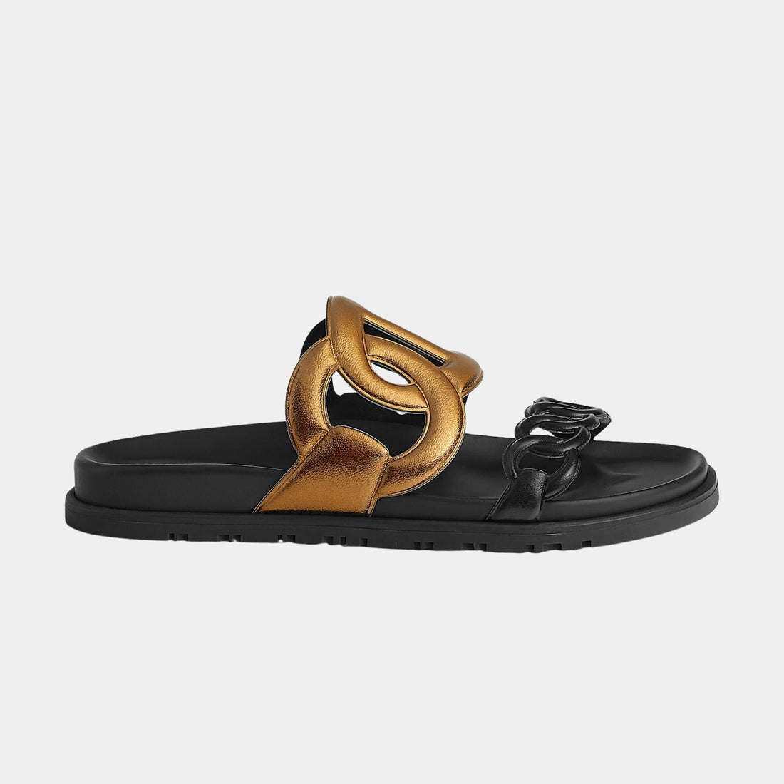 alt
صندل Hermes Extra من جلد نابا بلمسة معدنية، Dore Fonce، Noir، جانبي