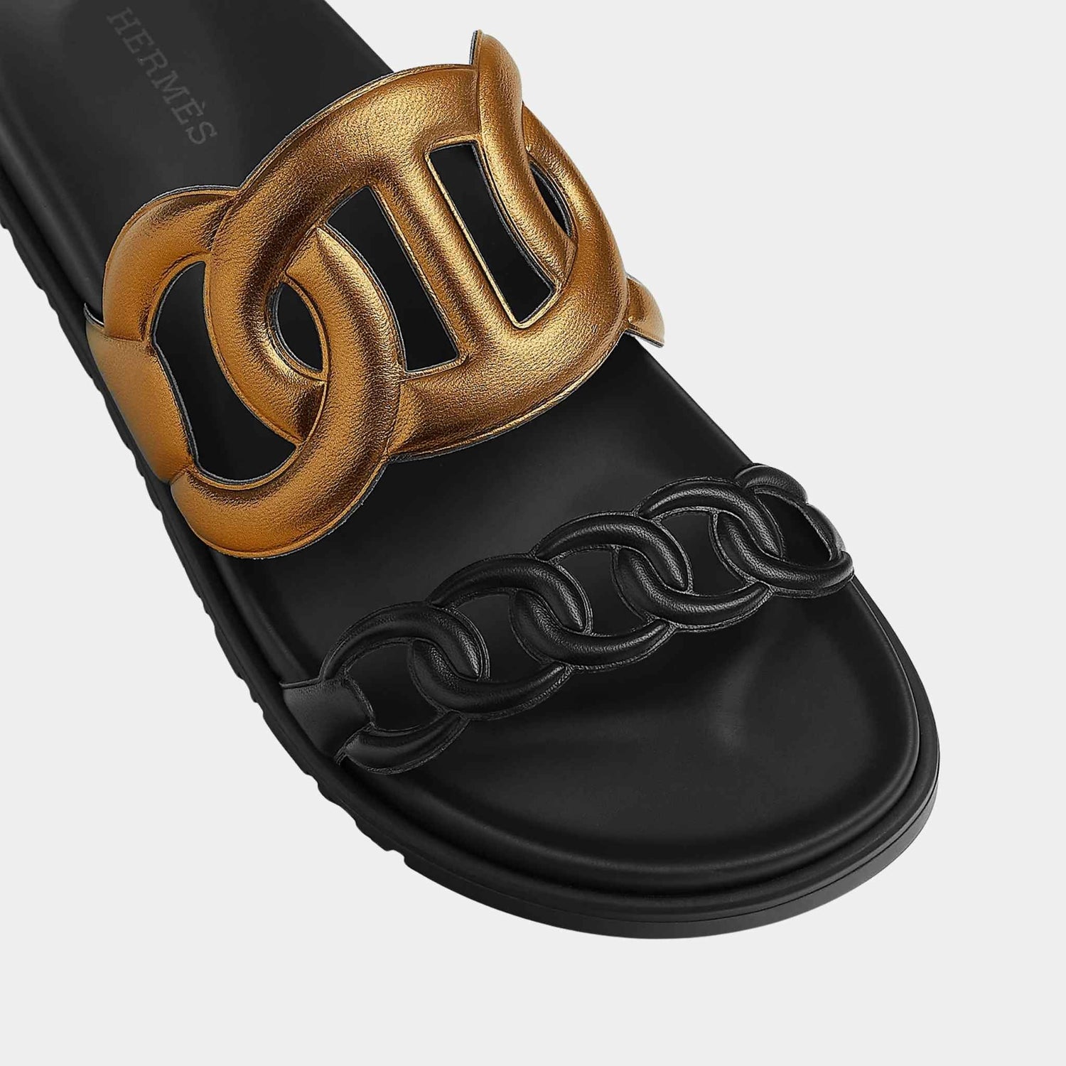 Hermes Extra Sandal in Nappa Leather with Metallic Finish, Dore Fonce, Noir, Top