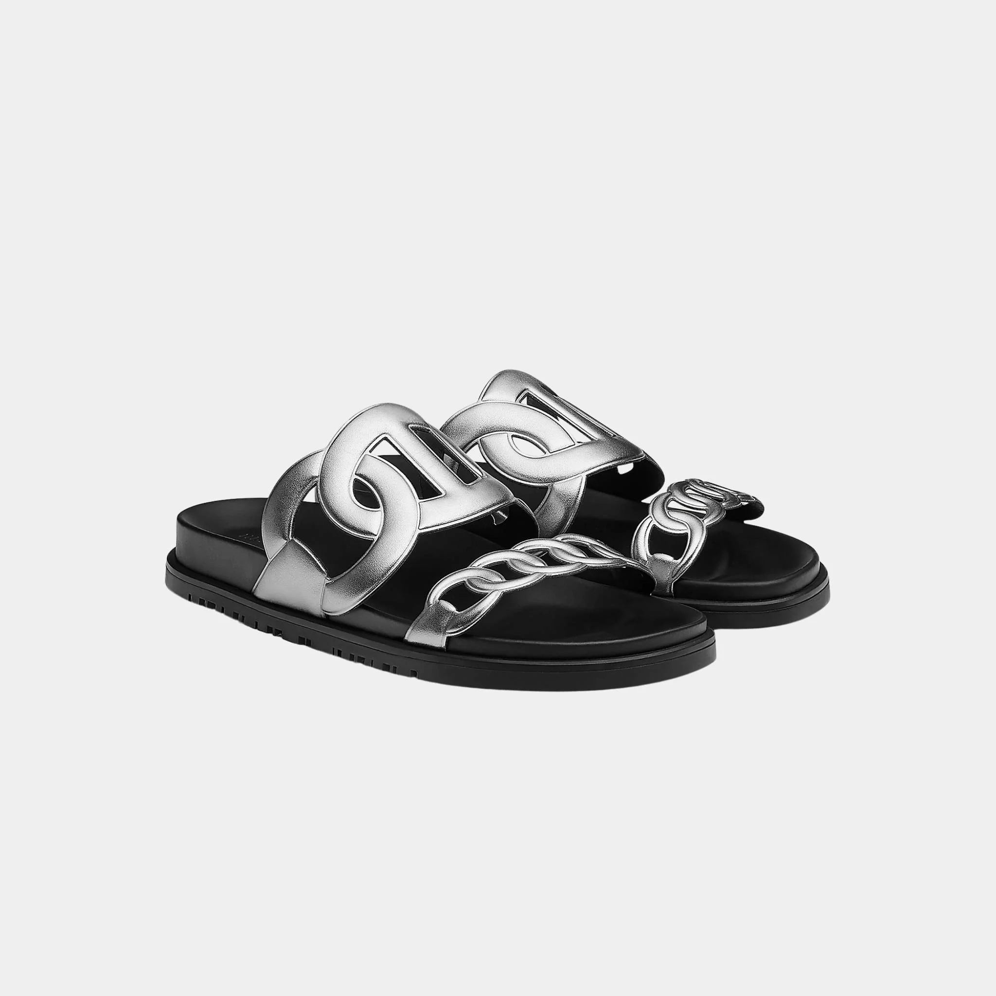 Hermes Extra Sandals in Metallic Nappa Leather, Gris Agarante, Front
