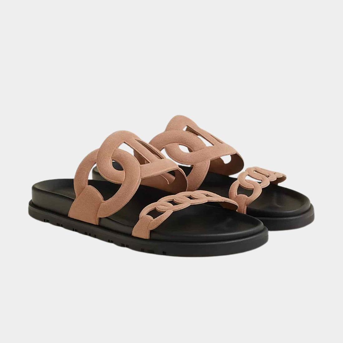 Hermes Extra Sandals in Suede Goatskin, Beige Pearl, Front and Side