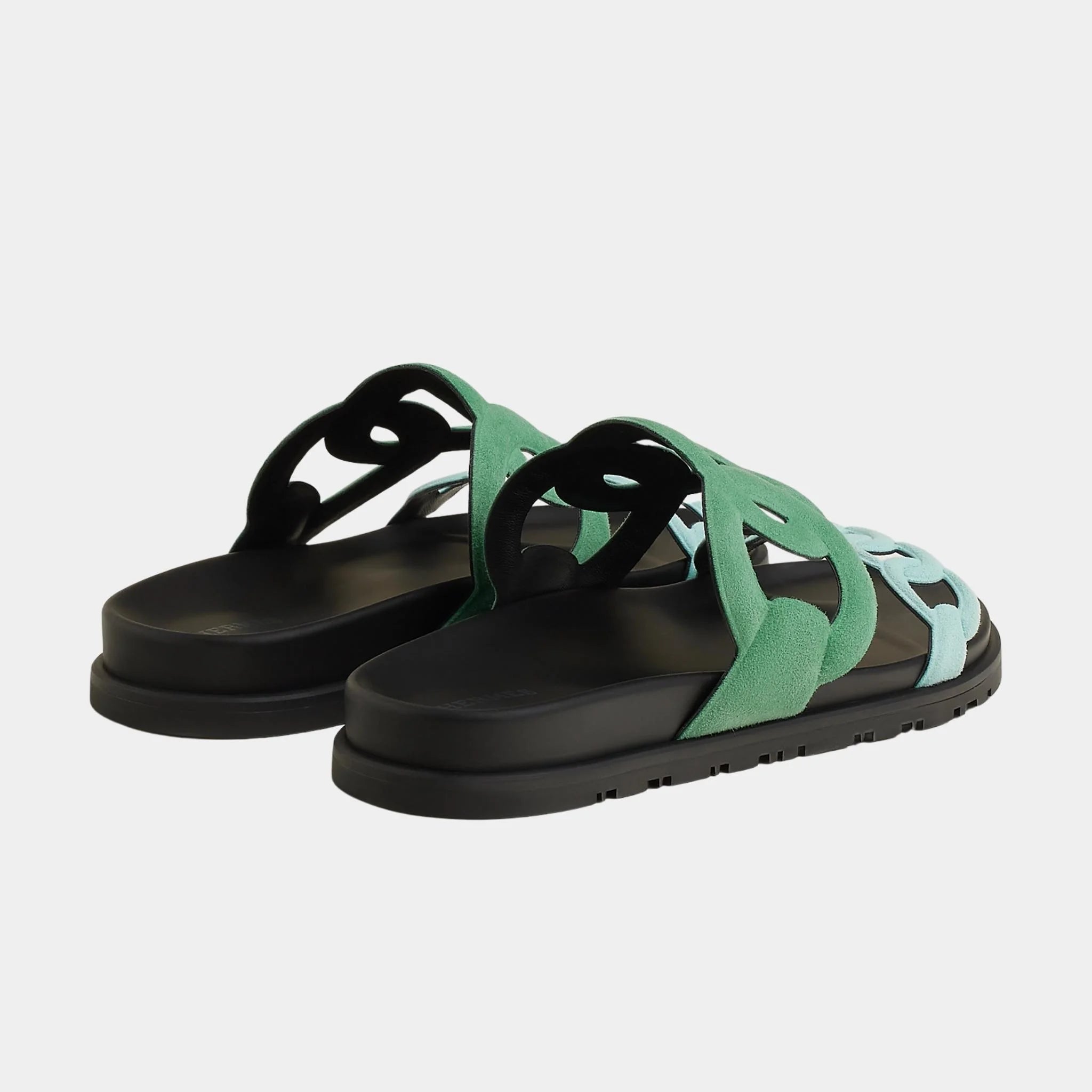 Hermes Extra Sandals in Suede Goatskin, Vert Opaline, Bleu Cristaux, Back