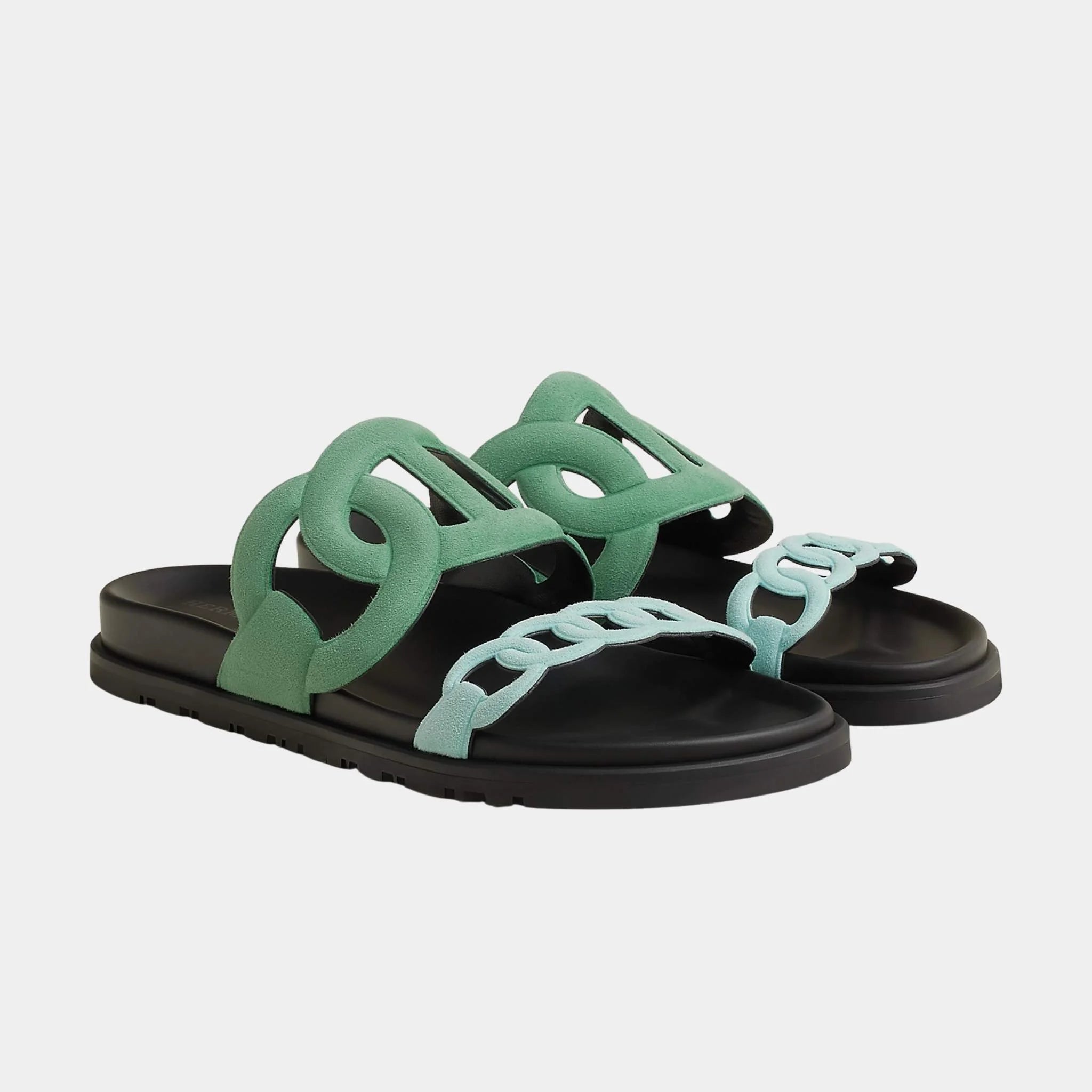 Hermes Extra Sandals in Suede Goatskin, Vert Opaline, Bleu Cristaux, Front