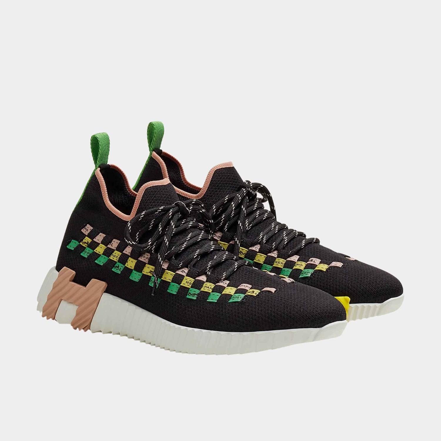 Hermes Flex Slip On Sneaker in Knit with Braided Bolduc Detail Women, Multicolour Noir, Front