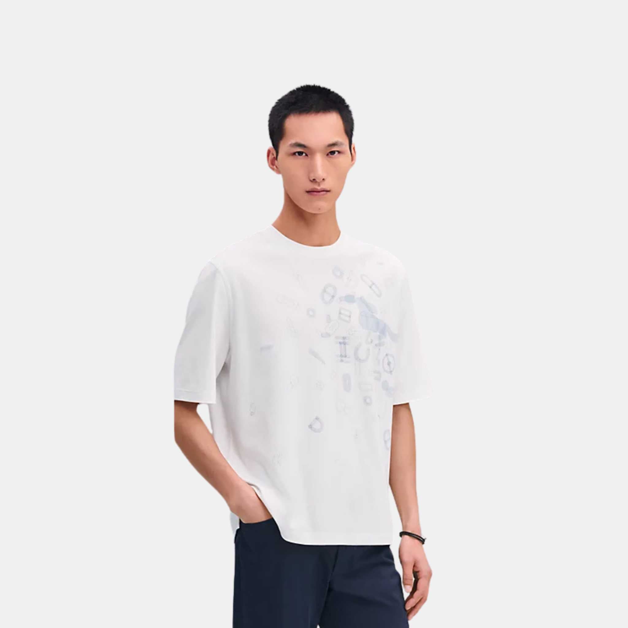 Hermes Fragments Equestres T-shirt Blanc, Front, Model