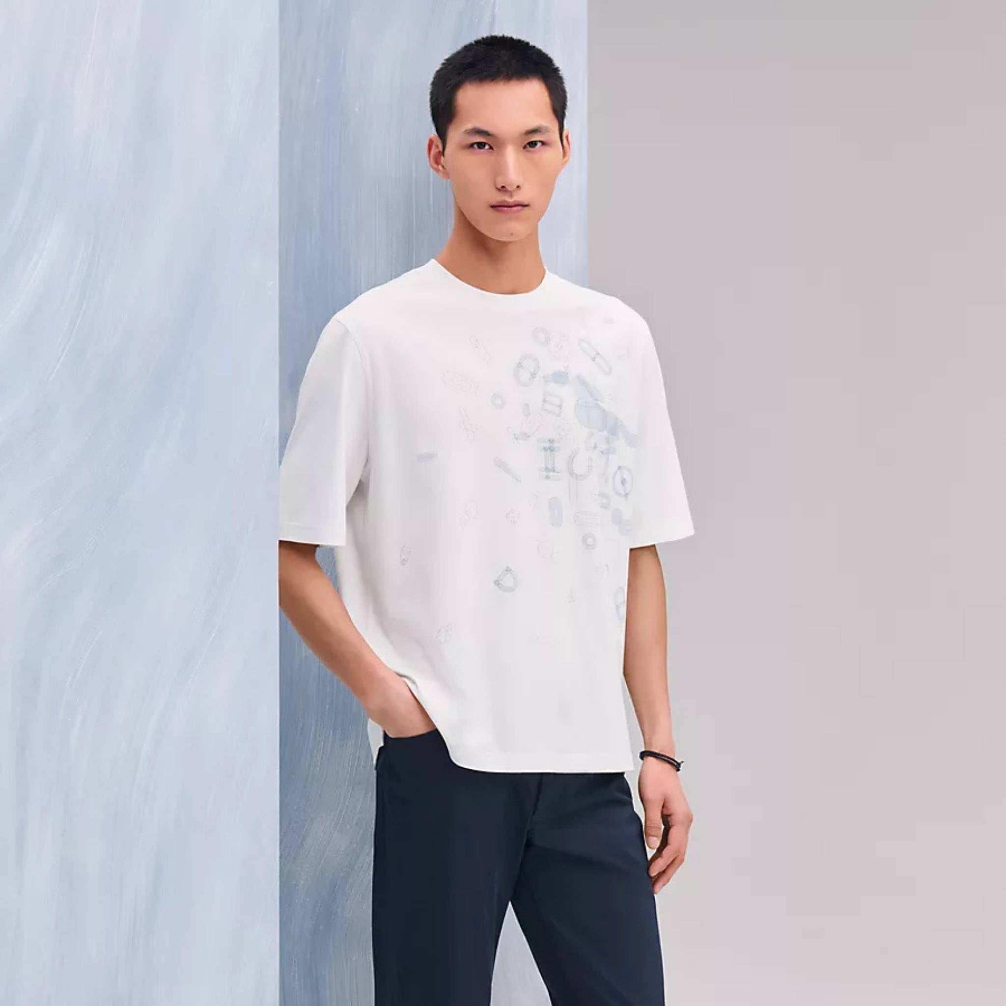 Hermes Fragments Equestres T-Shirt, Blanc, Front