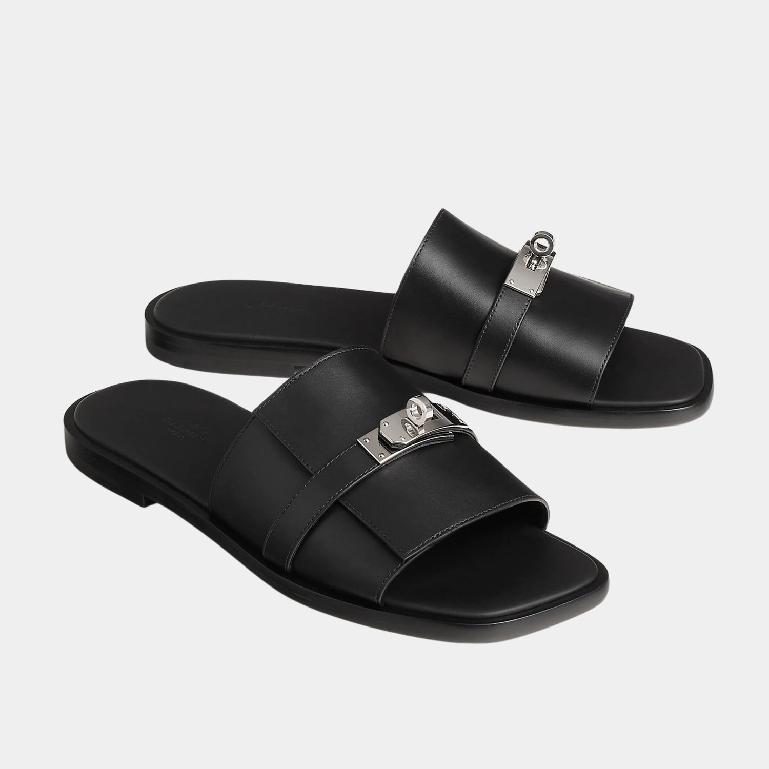 Hermes Gabriel Sandal Calfskin Palladium Plated Buckle, Noir, Front