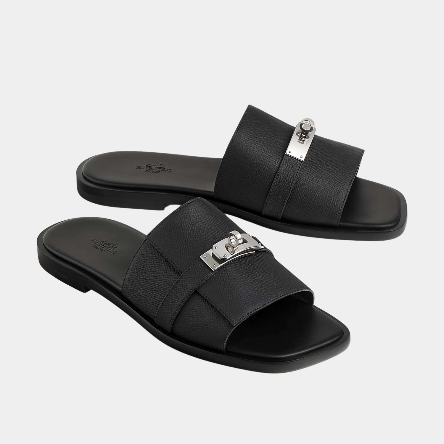 Hermes Gabriel Sandal Epsom Calfskin Palladium Plated Buckle, Noir, Front
