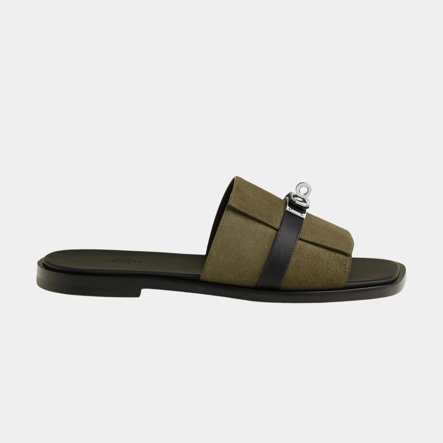 Hermes Gabriel Sandal Suede and Calfskin, Vert Toundra, Noir, Side