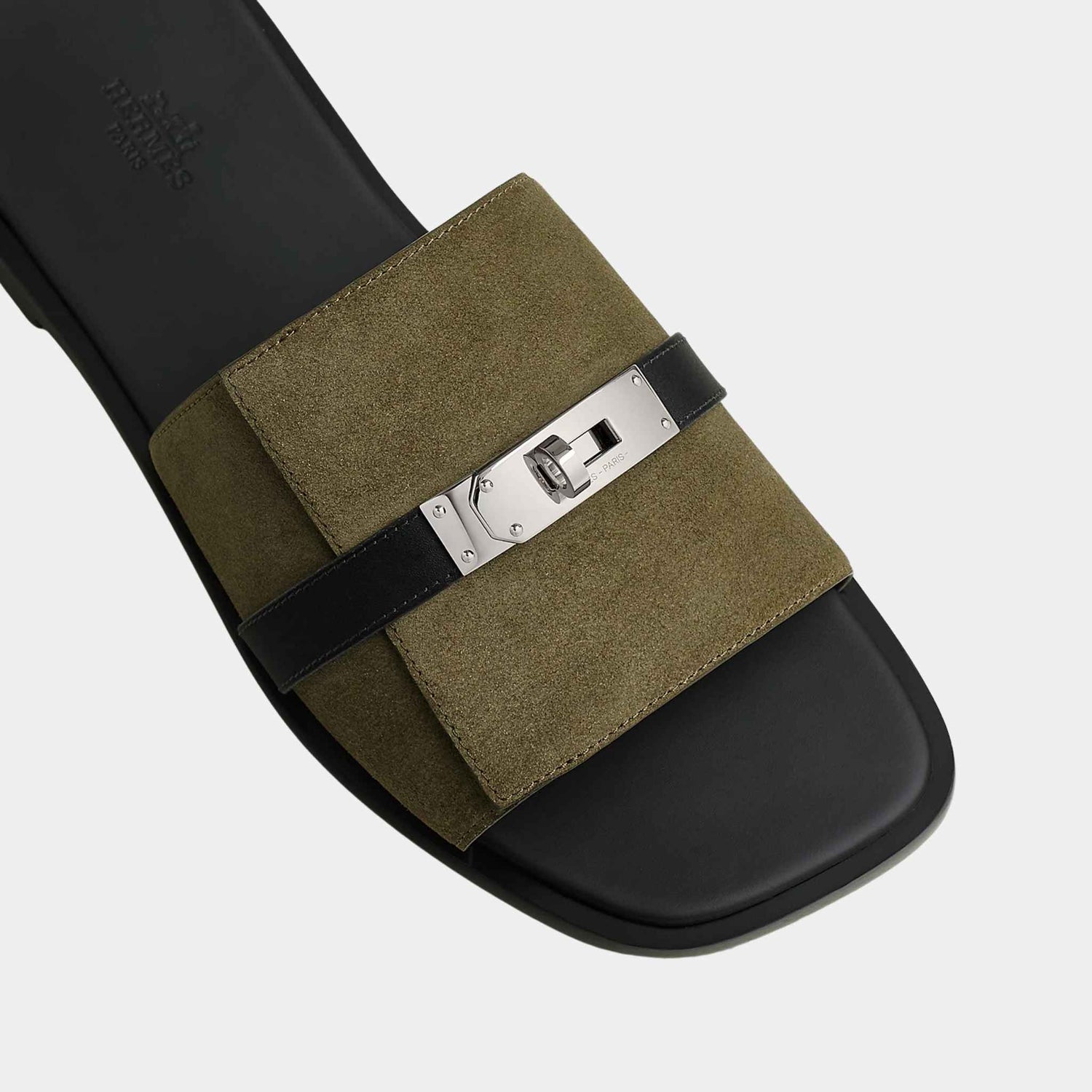 Hermes Gabriel Sandal Suede and Calfskin, Vert Toundra, Noir, Top