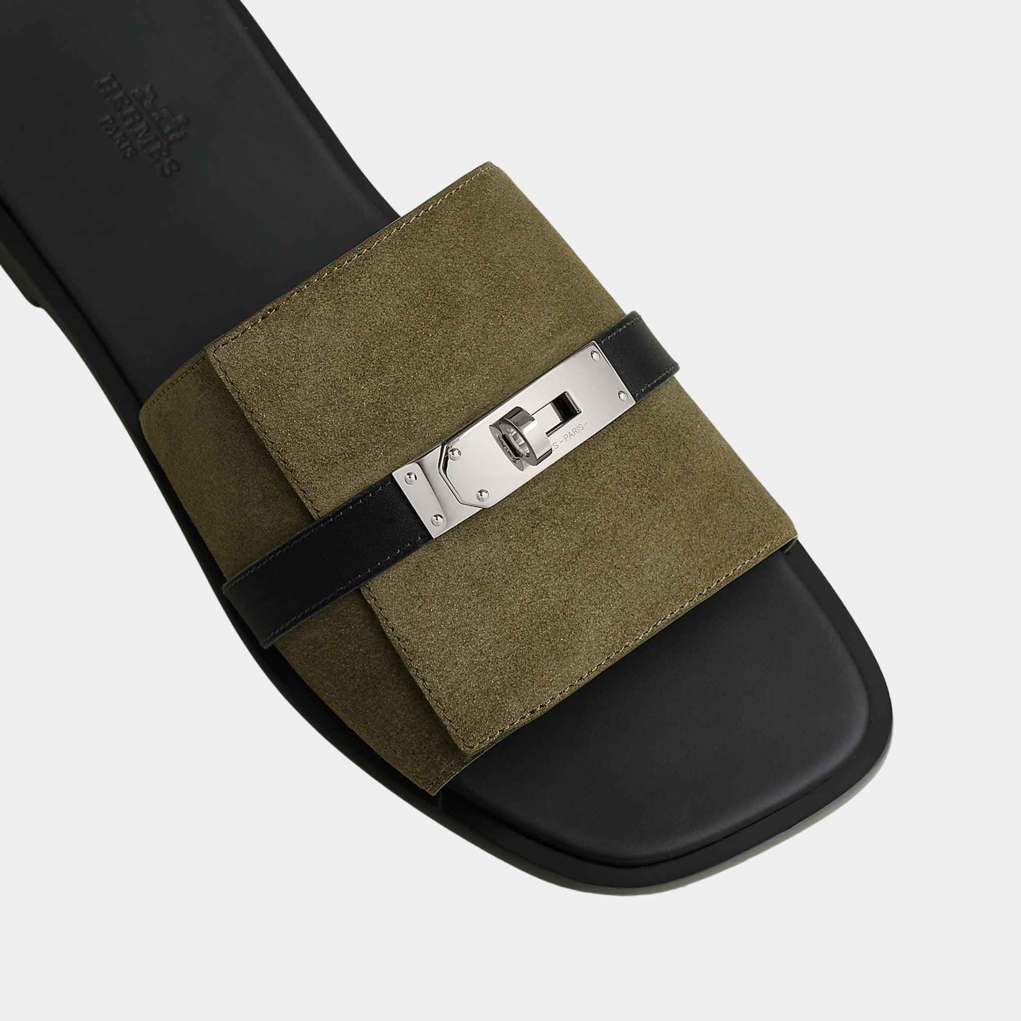 Hermes Gabriel Sandal Suede and Calfskin, Vert Toundra, Noir, Top