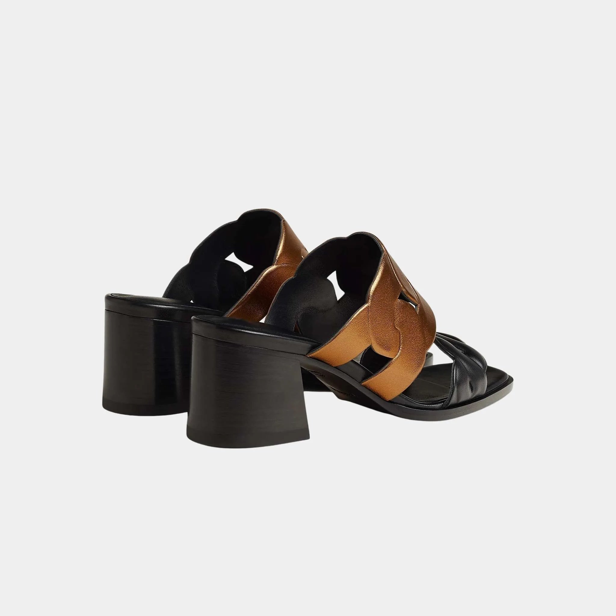 Hermes Gaby 60 Sandal Nappa Leather With Metallic Finish, Noir, Gold, Back