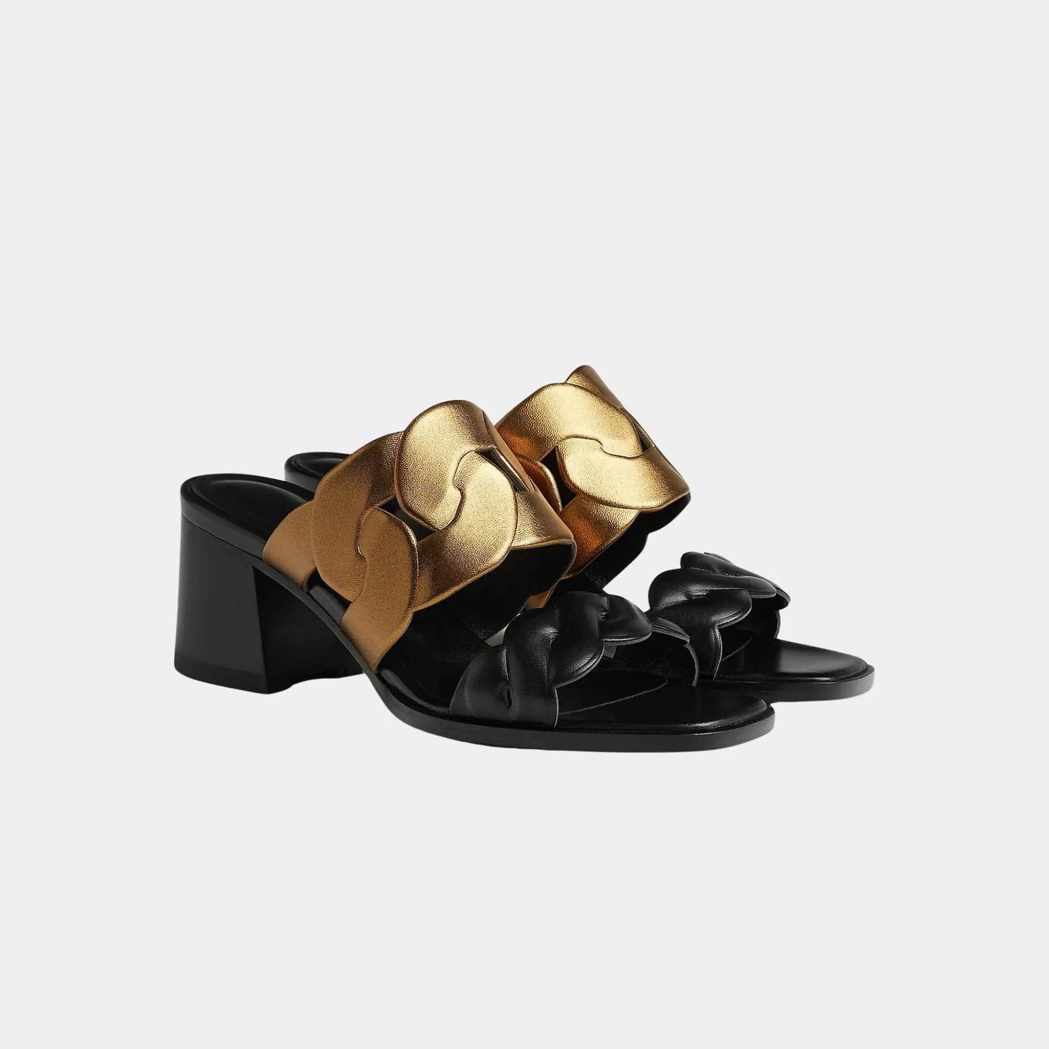 Hermes Gaby 60 Sandal Nappa Leather With Metallic Finish, Noir, Gold, Front