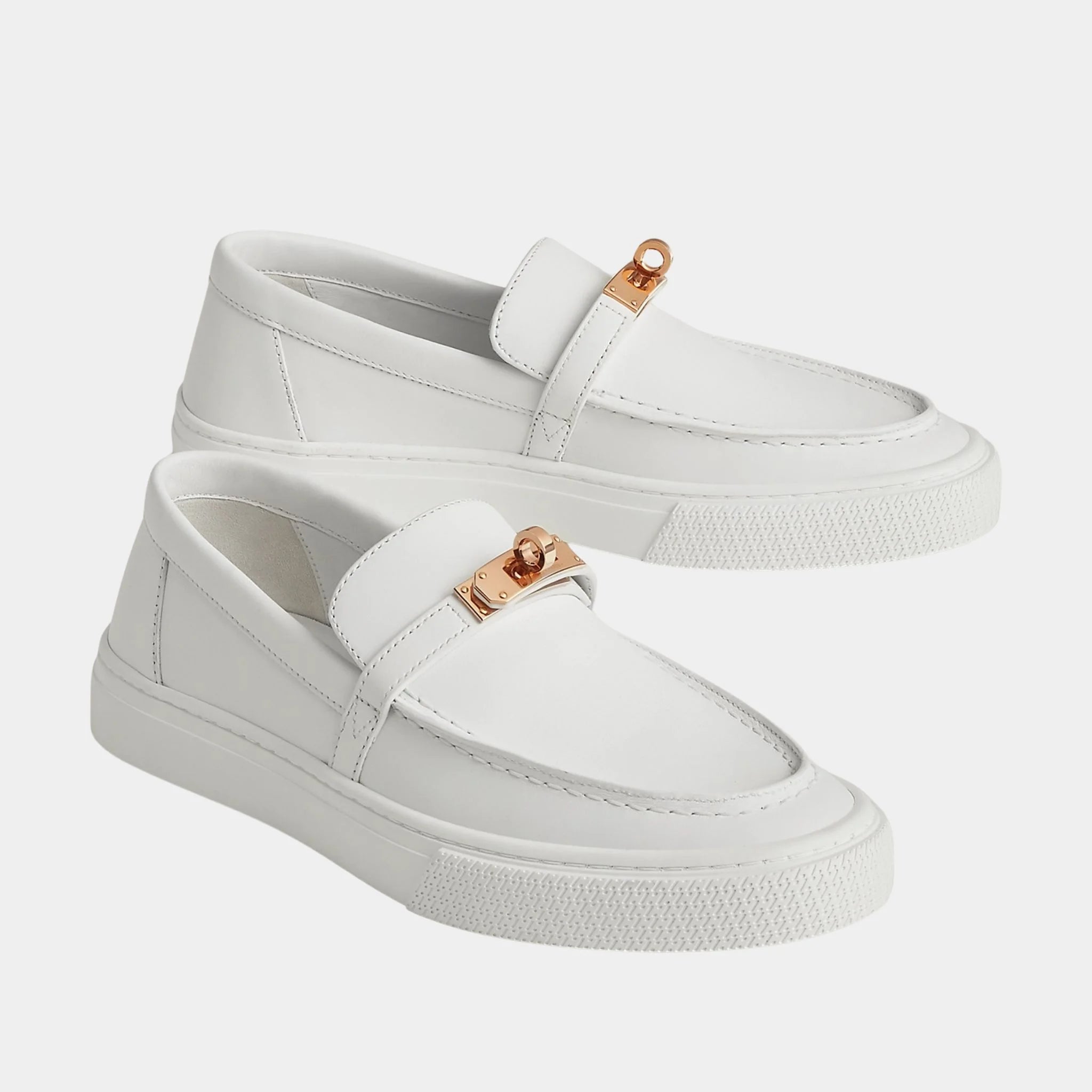 Hermes Game Slip-on Sneaker Calfskin with Rose Gold Buckle, Blanc, Front