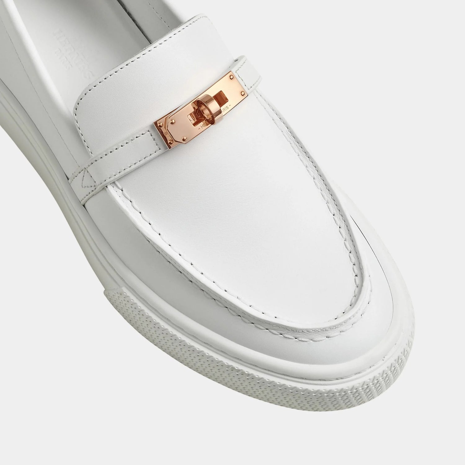 Hermes Game Slip-on Sneaker Calfskin with Rose Gold Buckle, Blanc, Top