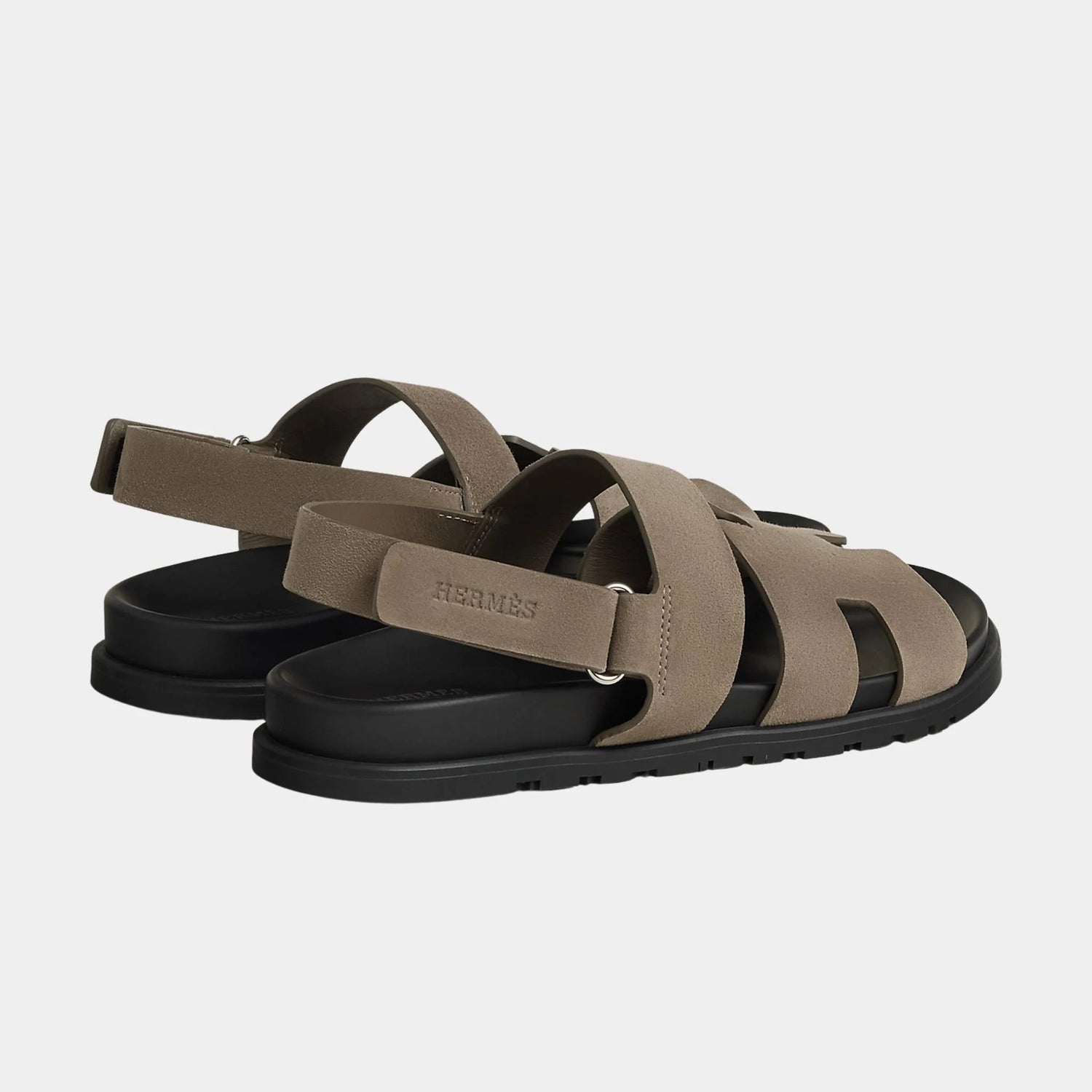 Hermes Genius Sandals in Suede Goatskin, Etoupe, Back