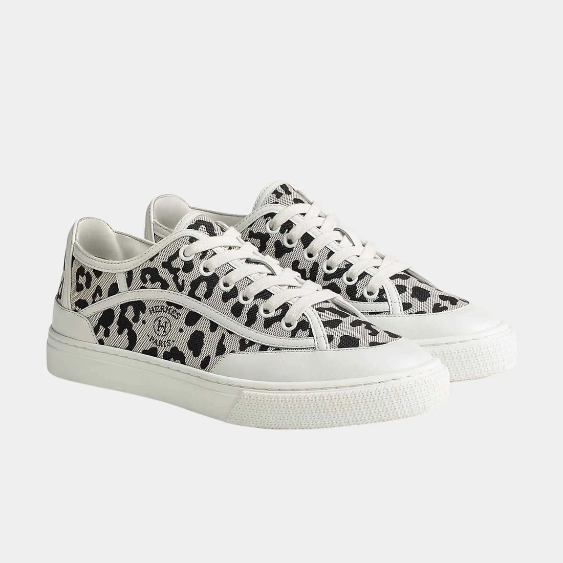 Hermes Get Sneakers in Printed H Canvas and Calfskin, Prunoir, Blanc, Front