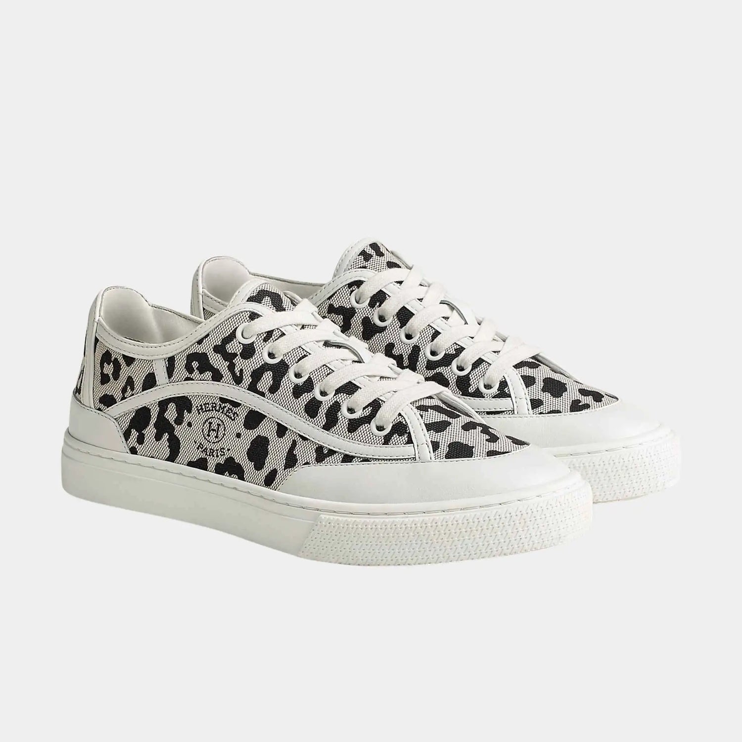 Hermes Get Sneakers in Printed H Canvas and Calfskin, Prunoir, Blanc, Front