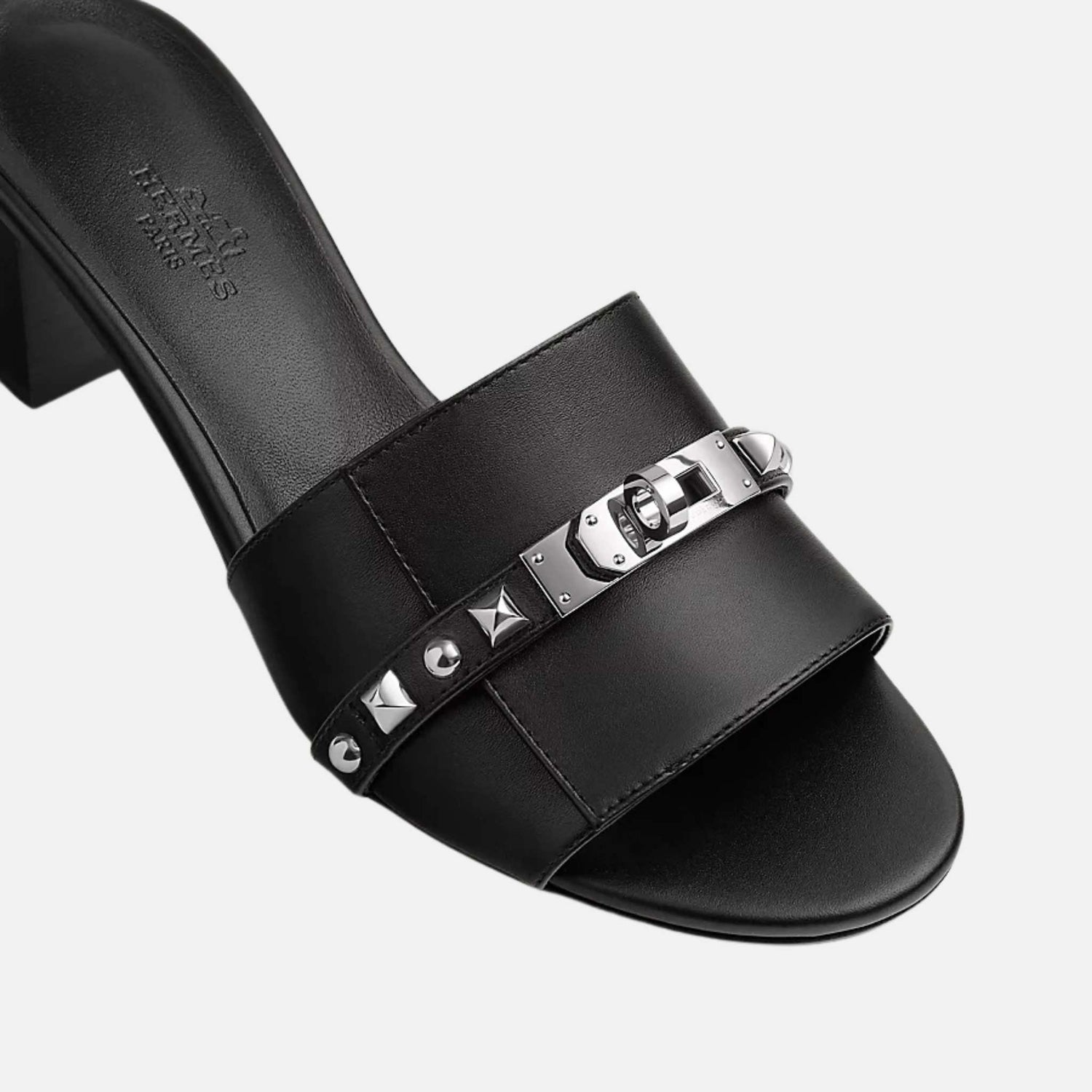 Hermes Gigi 50 Sandal With Medor Studs, Black, Closeup