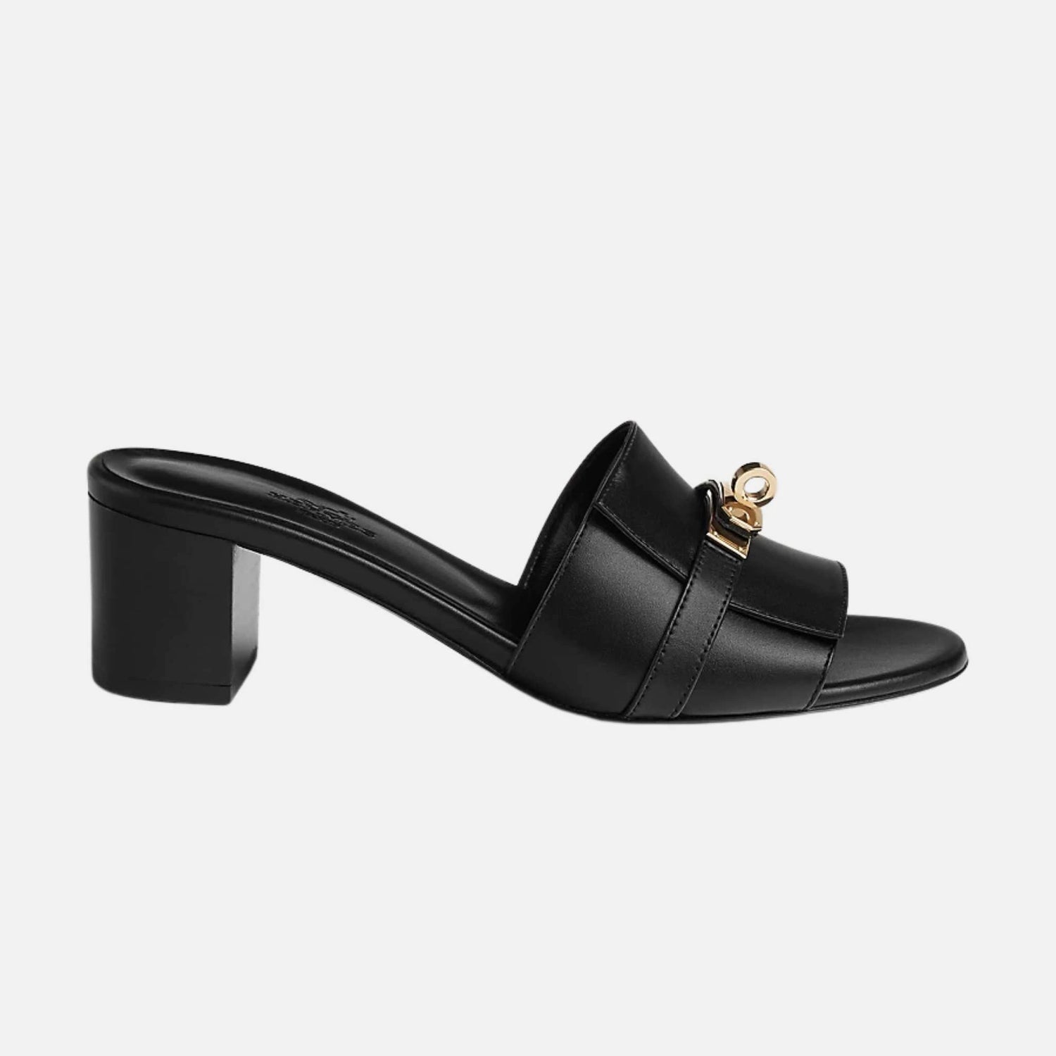 Hermes Gigi 50 Sandals in Calfskin Gold Plated Buckle, Black, Side