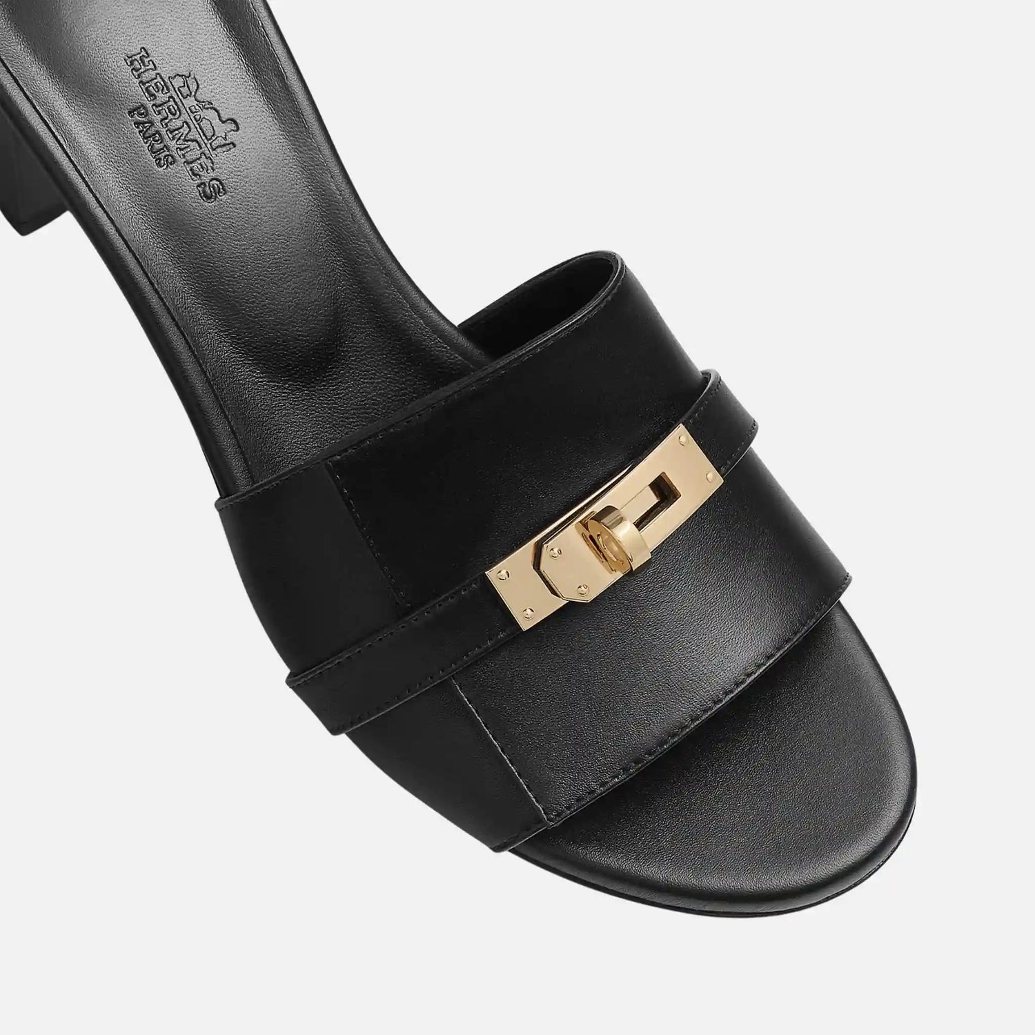 Hermes Gigi 50 Sandals in Calfskin Gold Plated Buckle, Black, Top