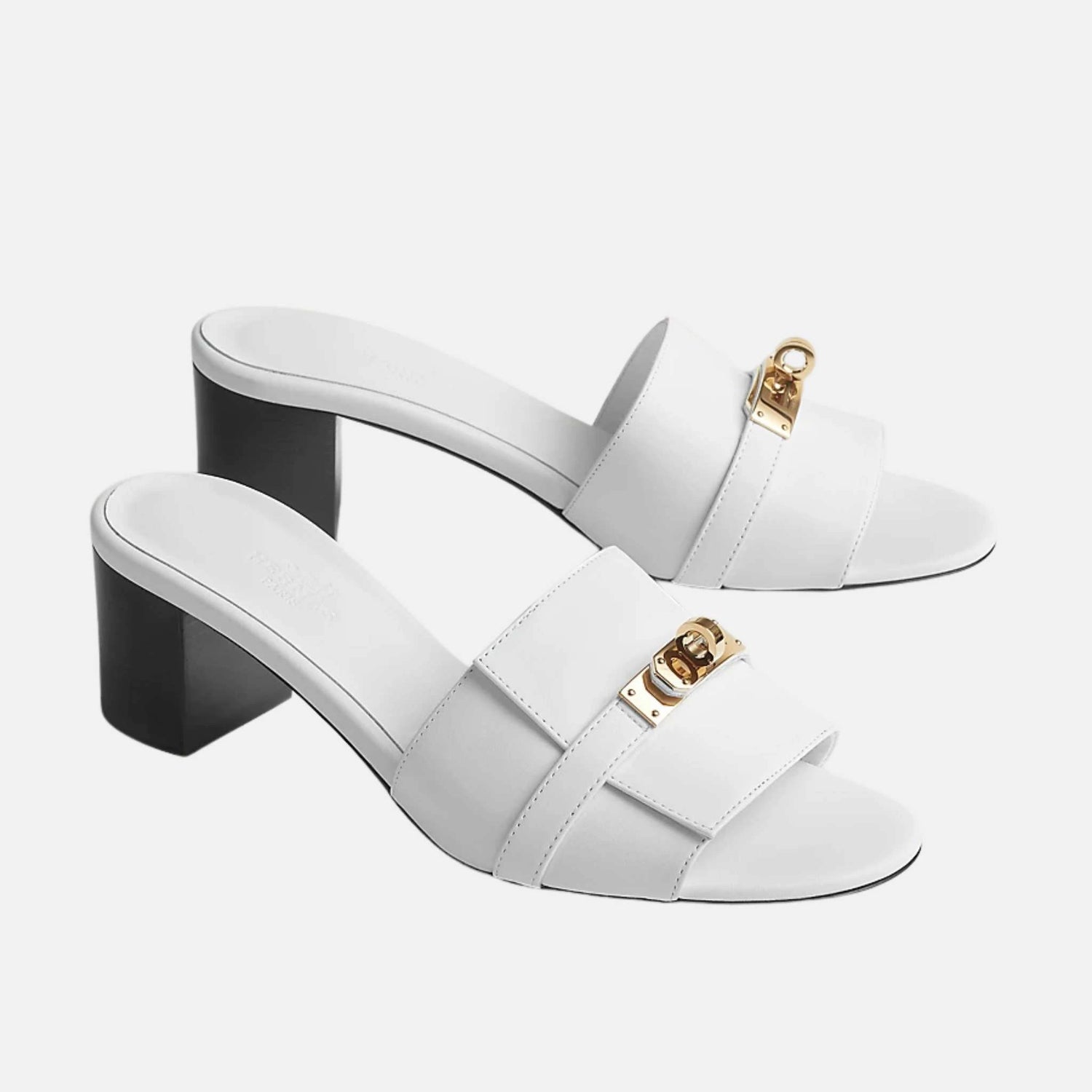 Hermes Gigi 50 Sandals in Calfskin Gold Plated Buckle, White, Front