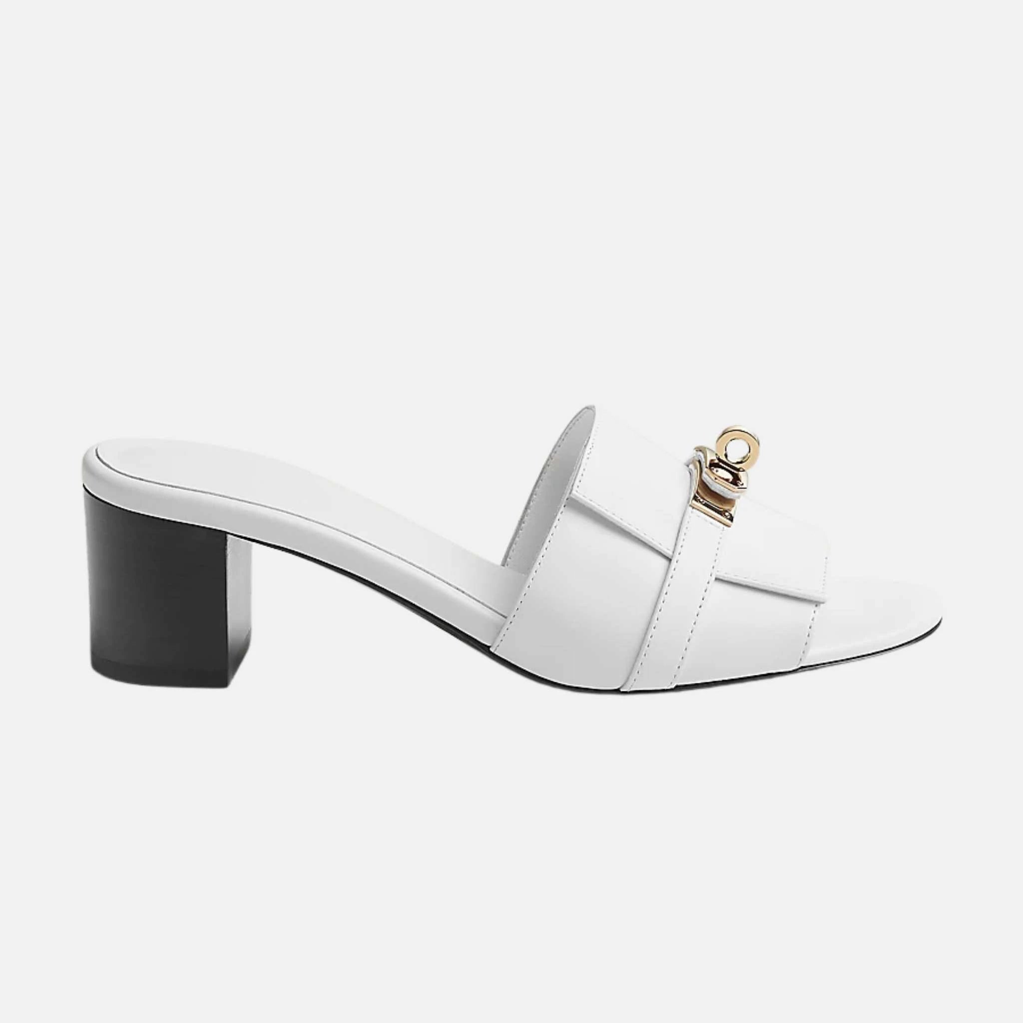 Hermes Gigi 50 Sandals in Calfskin Gold Plated Buckle, White, Side