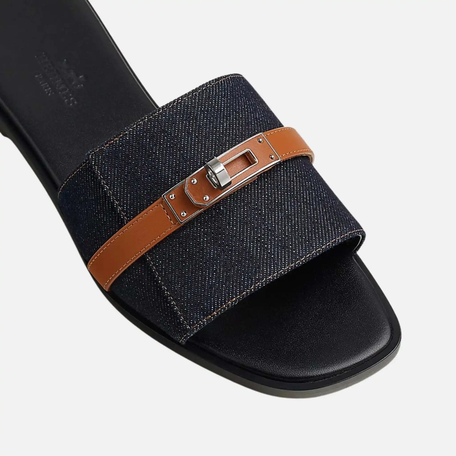 Hermes Giulia Sandal Denim, Bleu Brut, Naturel, Top