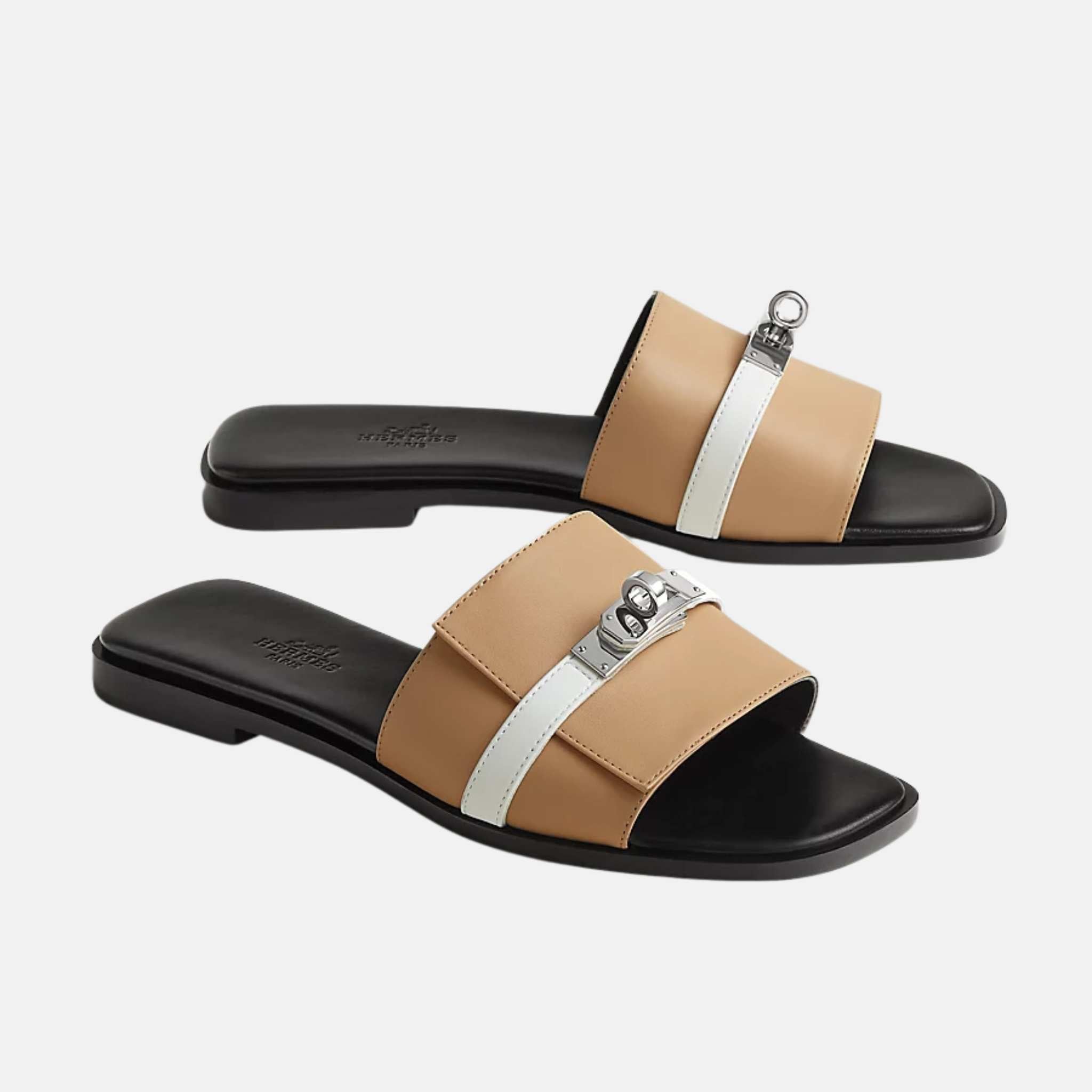 Hermes Giulia Sandal In Calfskin, Beige Natura, Front, Side