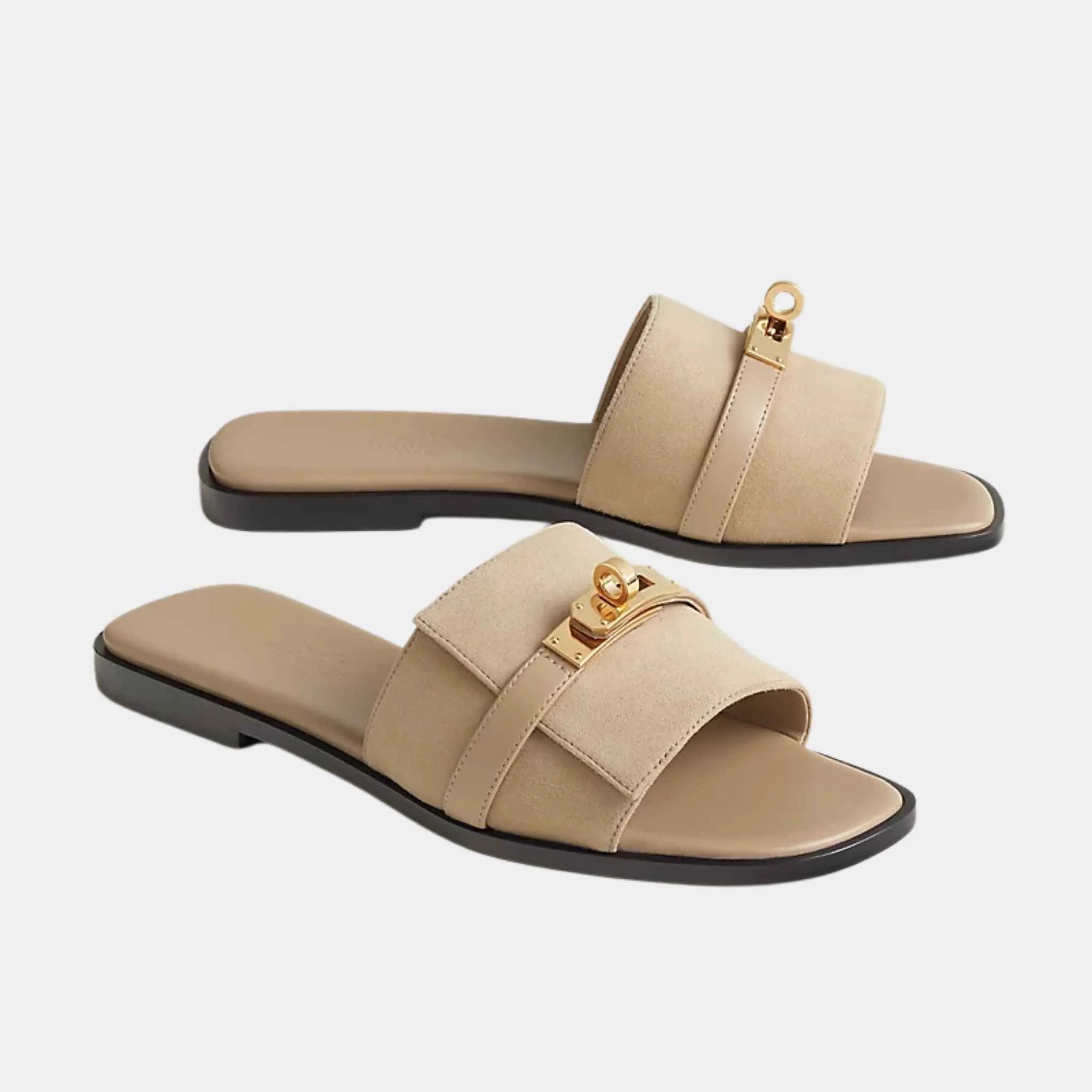 Hermes Giulia Sandals Goat Suede, Beige Linen, Front