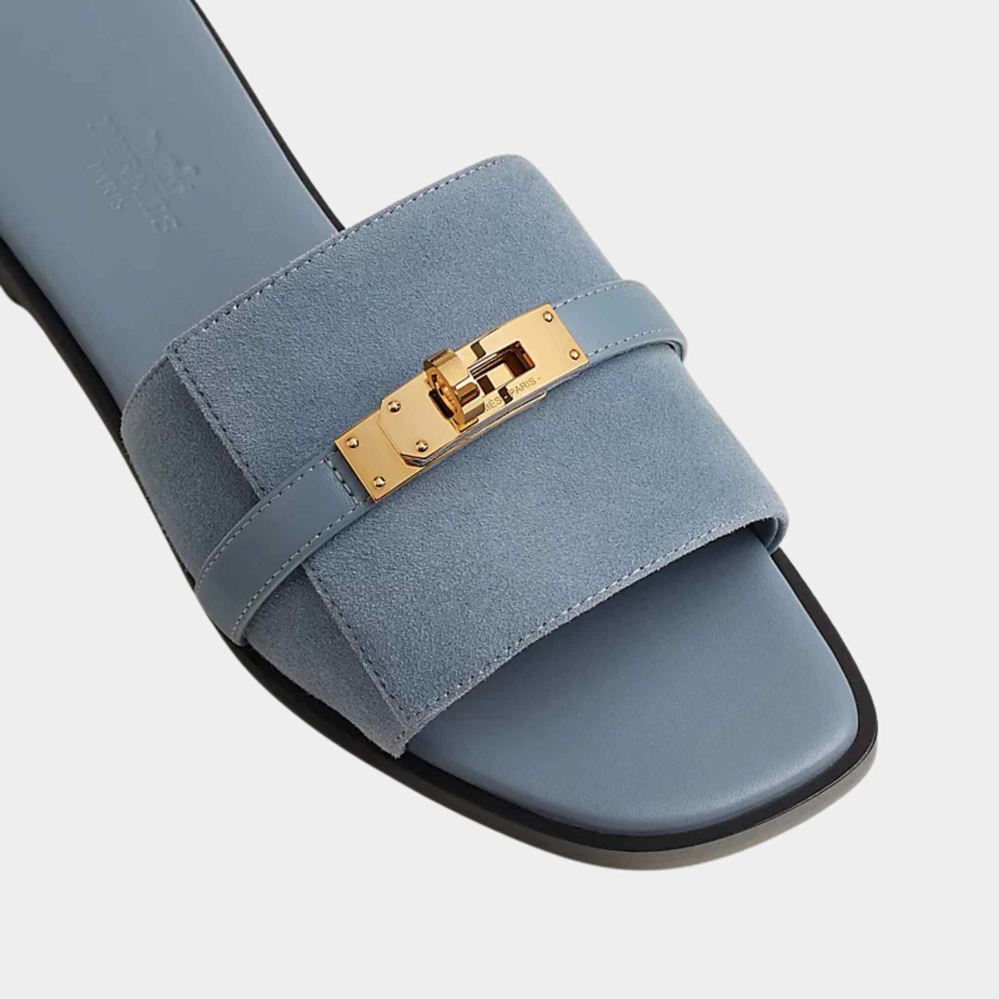 Hermes Giulia Sandals Blue Pomace, Top Closeup