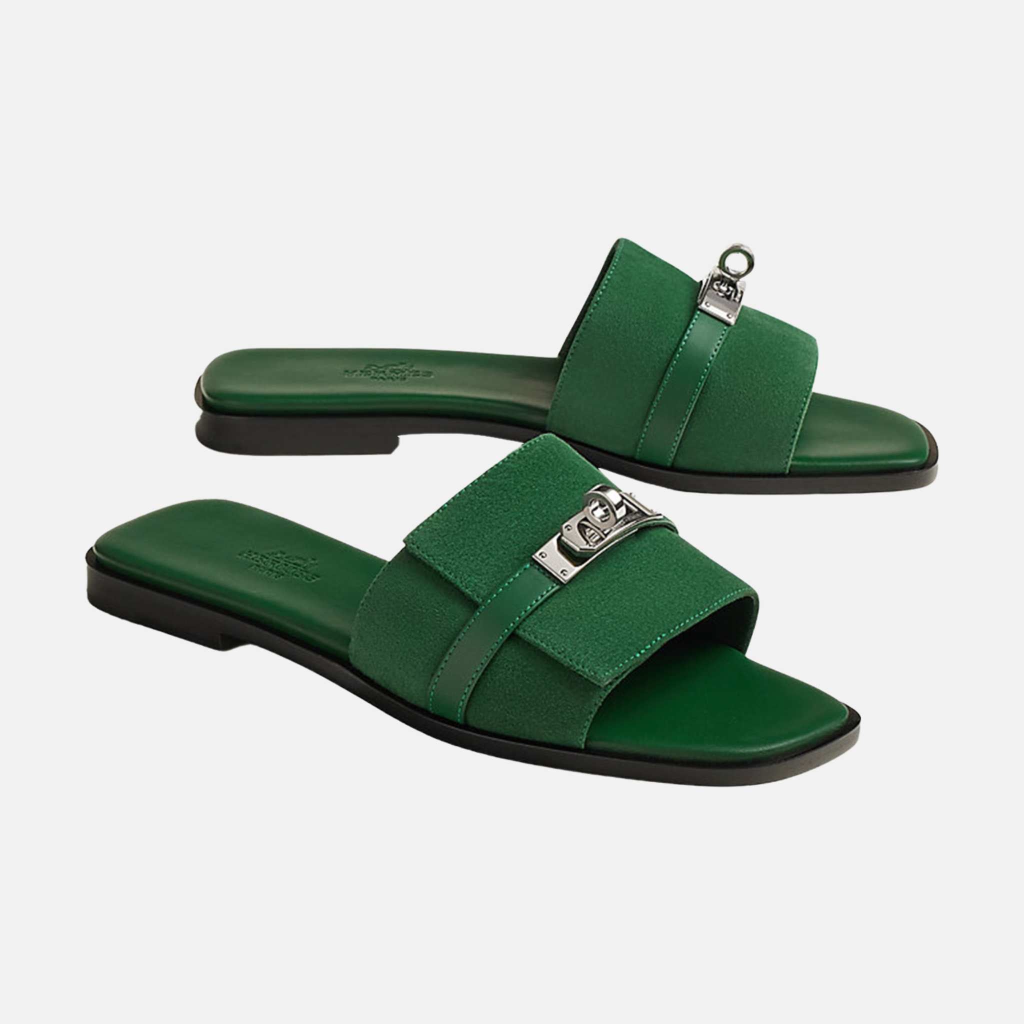 Hermes Giulia Sandals Goat Suede, Vert Electrique, Front