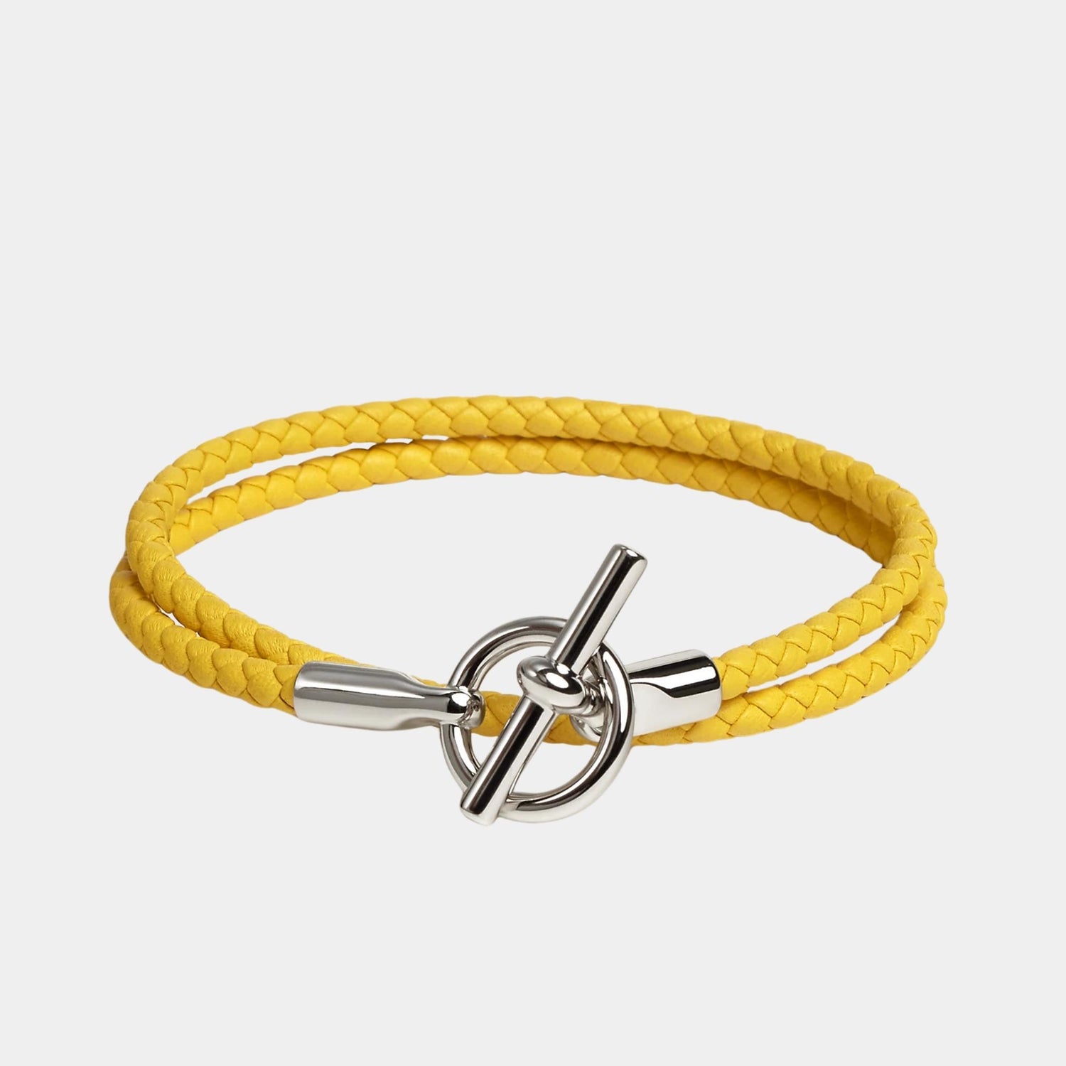 Hermes Glenan Double Tour Bracelet Swift Calfskin Palladium Plated, Jaune De Naples