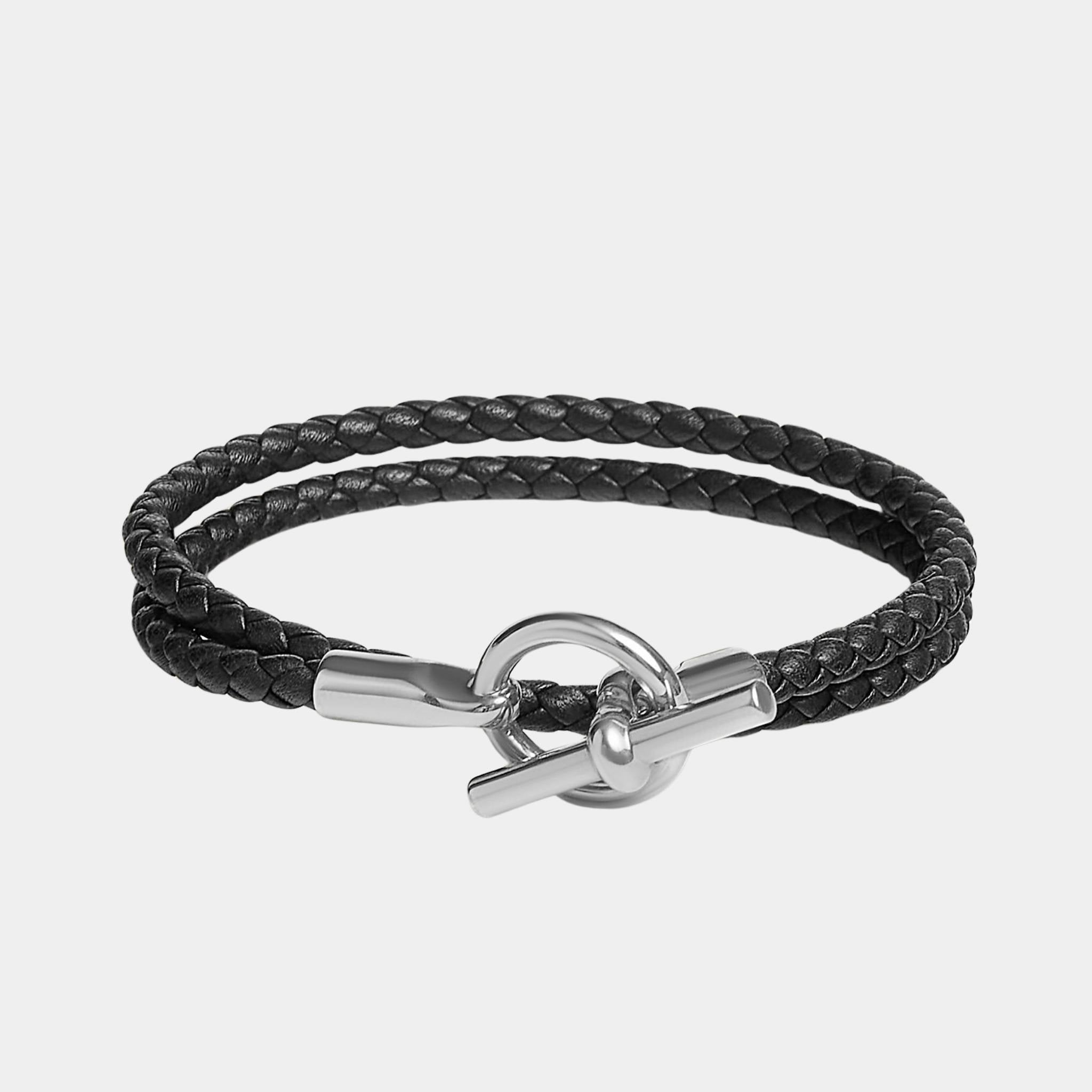 Hermes Glenan Double Tour Bracelet Swift Calfskin Palladium Plated, Noir