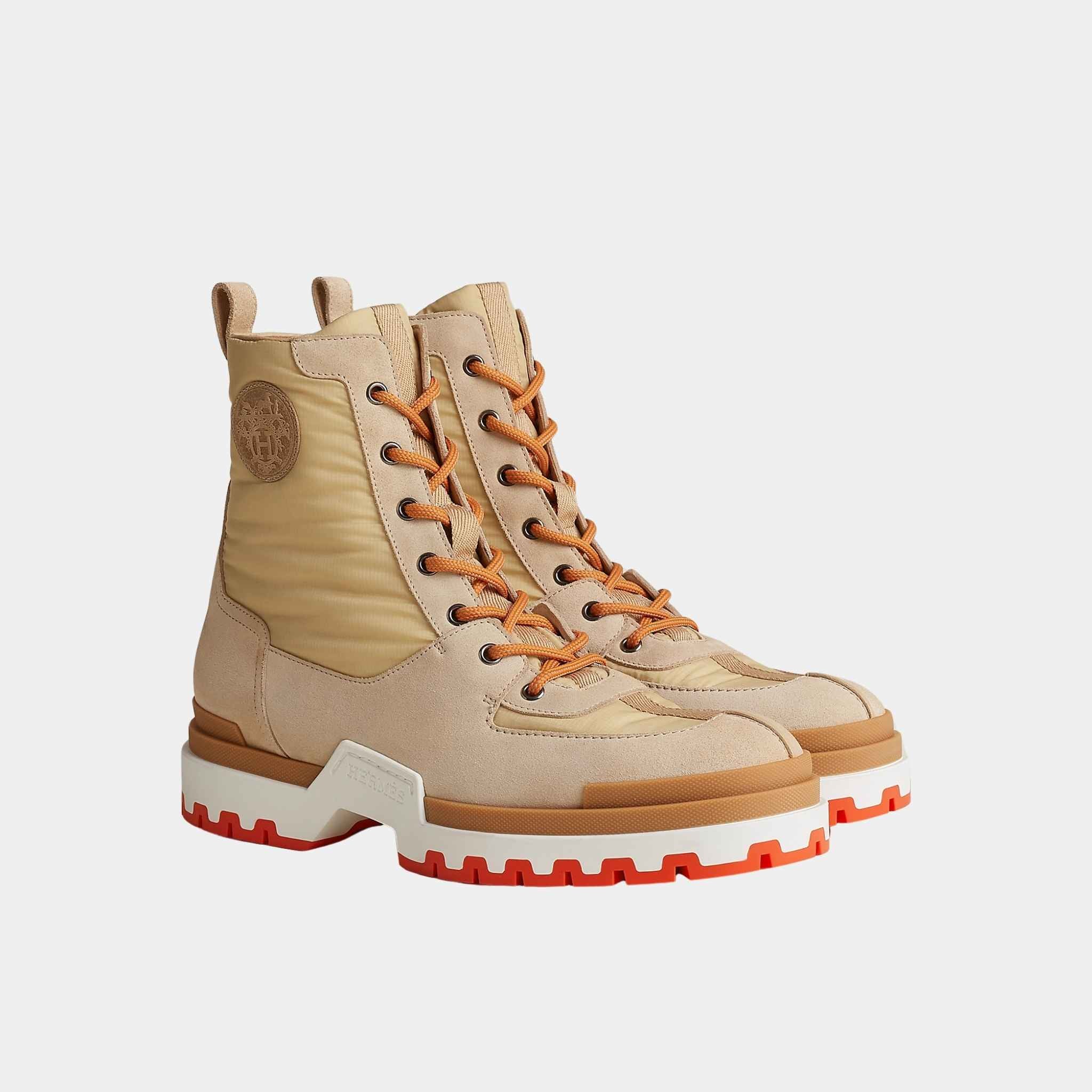 Hermes Grip Ankle Boot in Parachute Ripstop and Suede Calfskin, Front