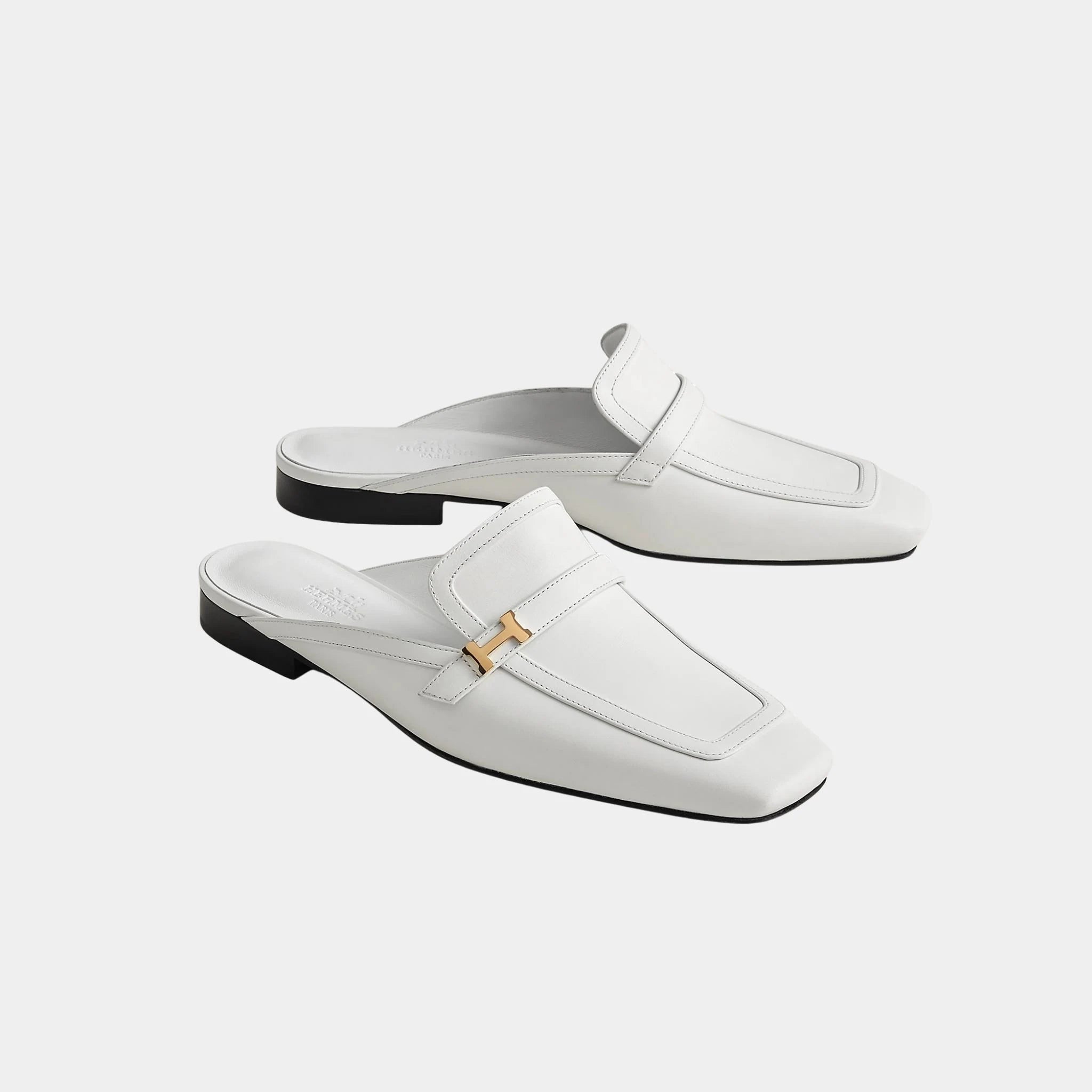 Hermes Groupie Mule Calfskin, Blanc, Side, Blanc, Front