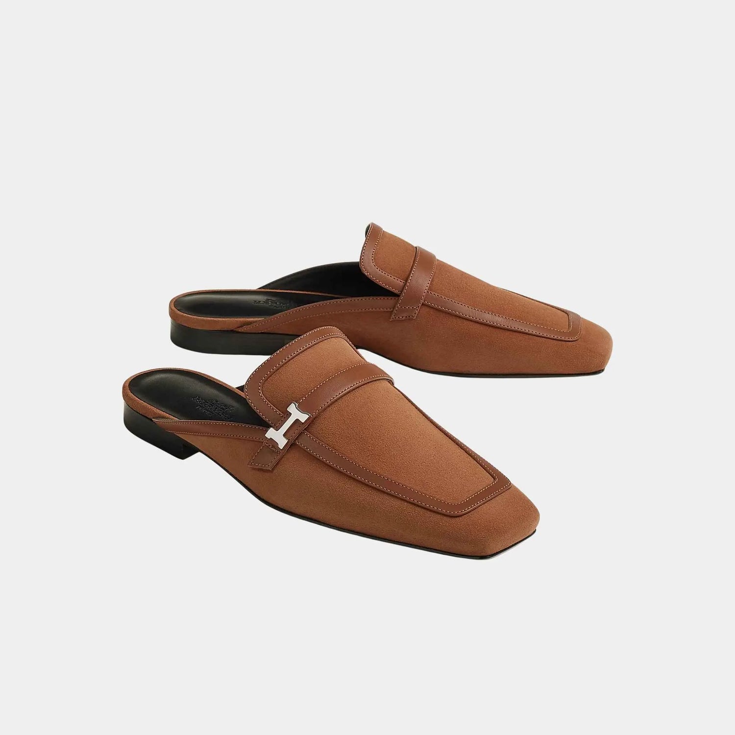 Hermes Groupie Mule Suede Goatskin And Calfskin, Naturel, Front