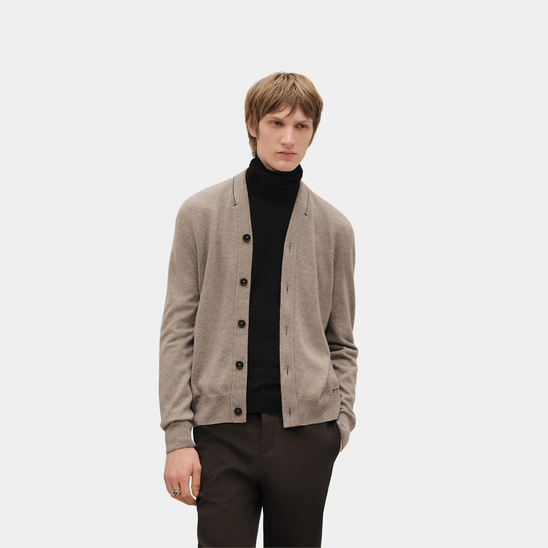 Hermes H bartack Button-down Cashmere Cardigan, Gravier, Front