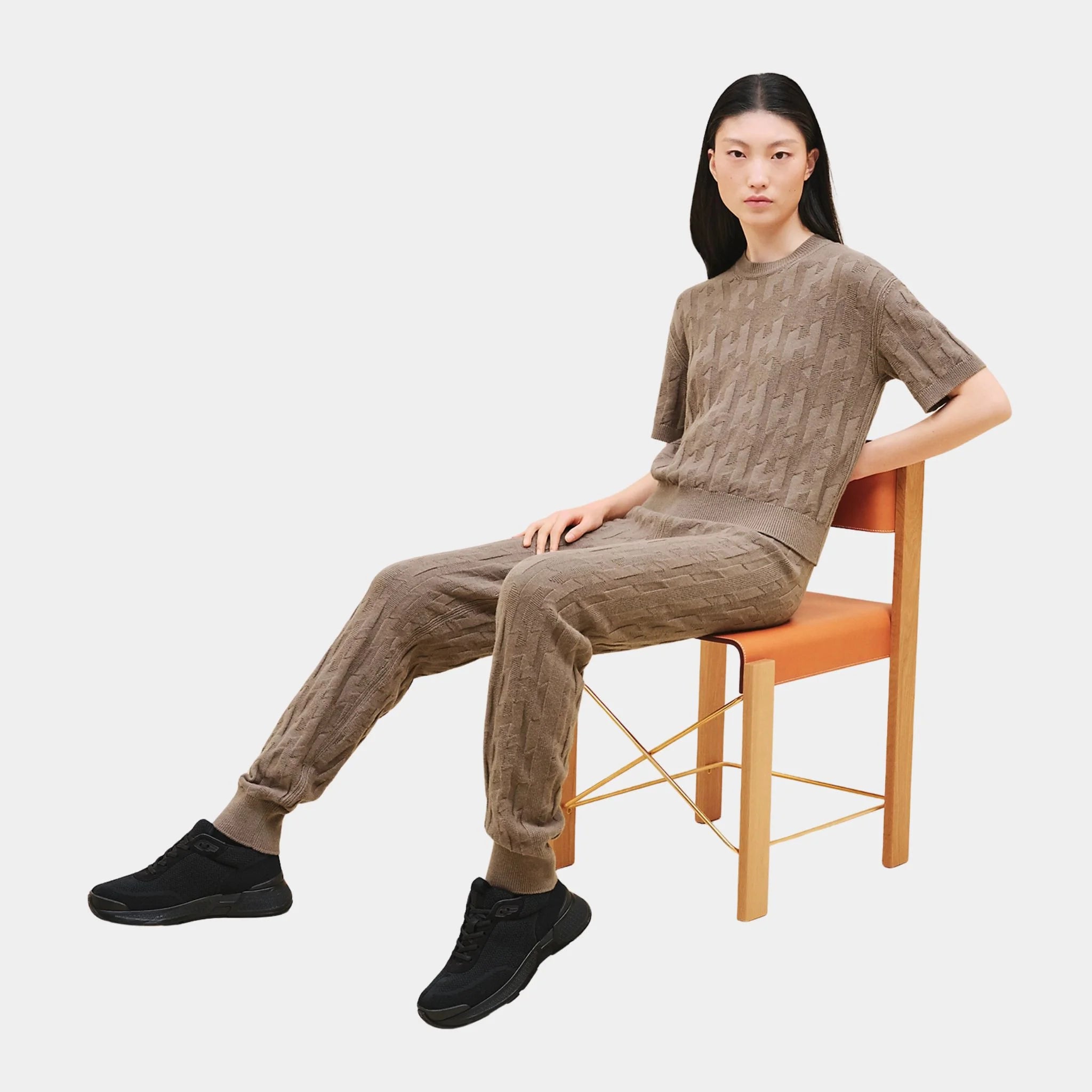 Hermes H Jogging Pants in Plain Wool, Gris Etoupe, Front