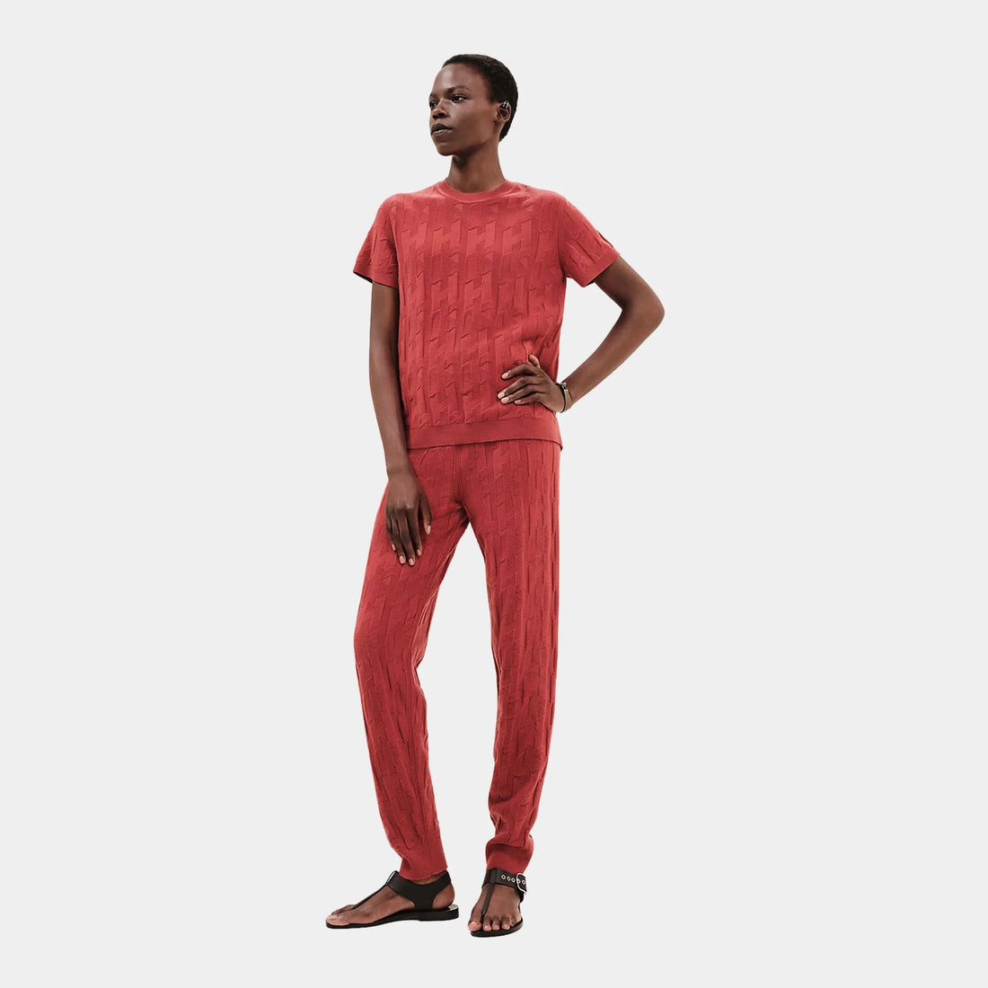 Hermes H Jogging Pants in Plain Wool, Rouge Sanguine, Front