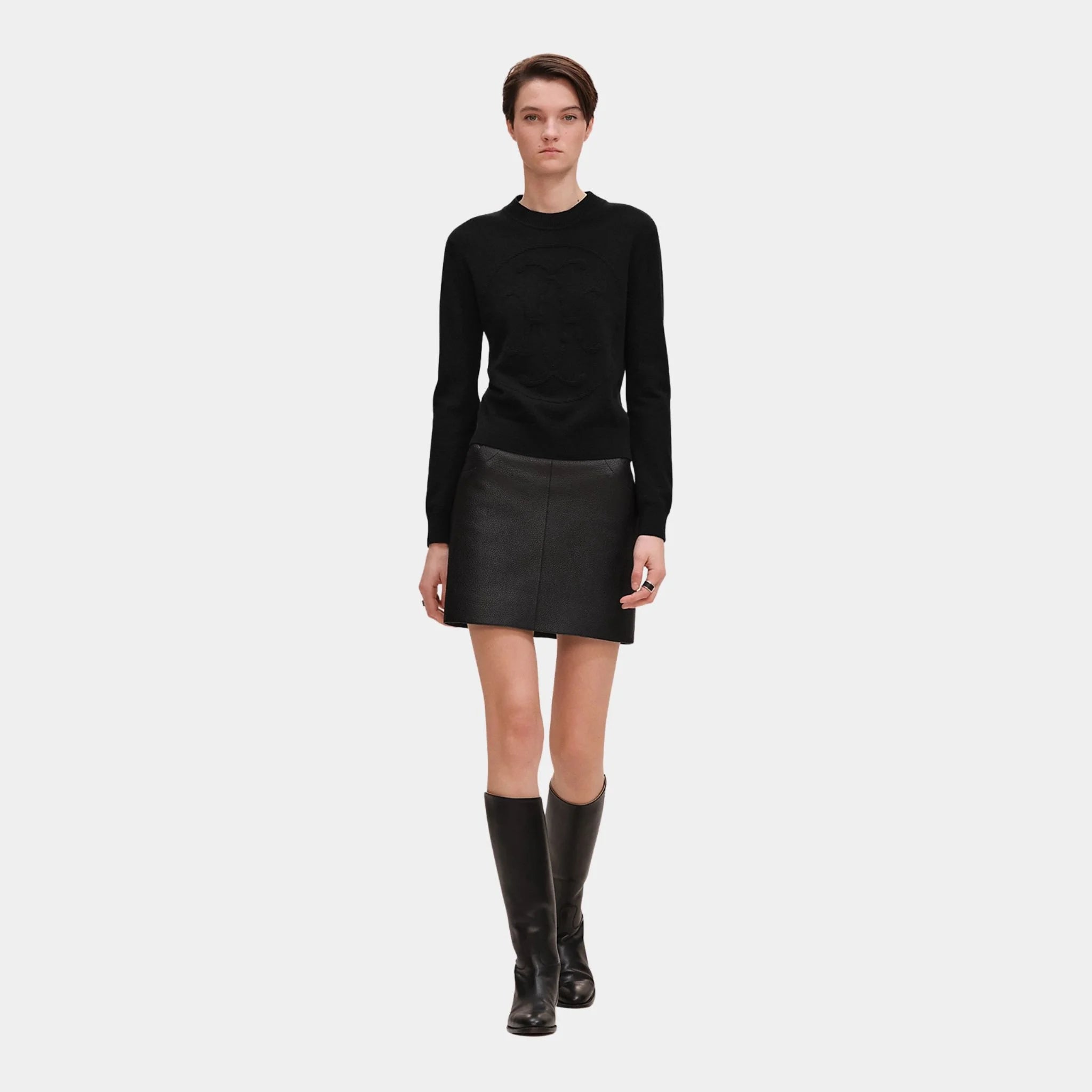 Hermes H Lift Long-sleeve Sweater in Plain Scottish Cashmere, Noir, Front