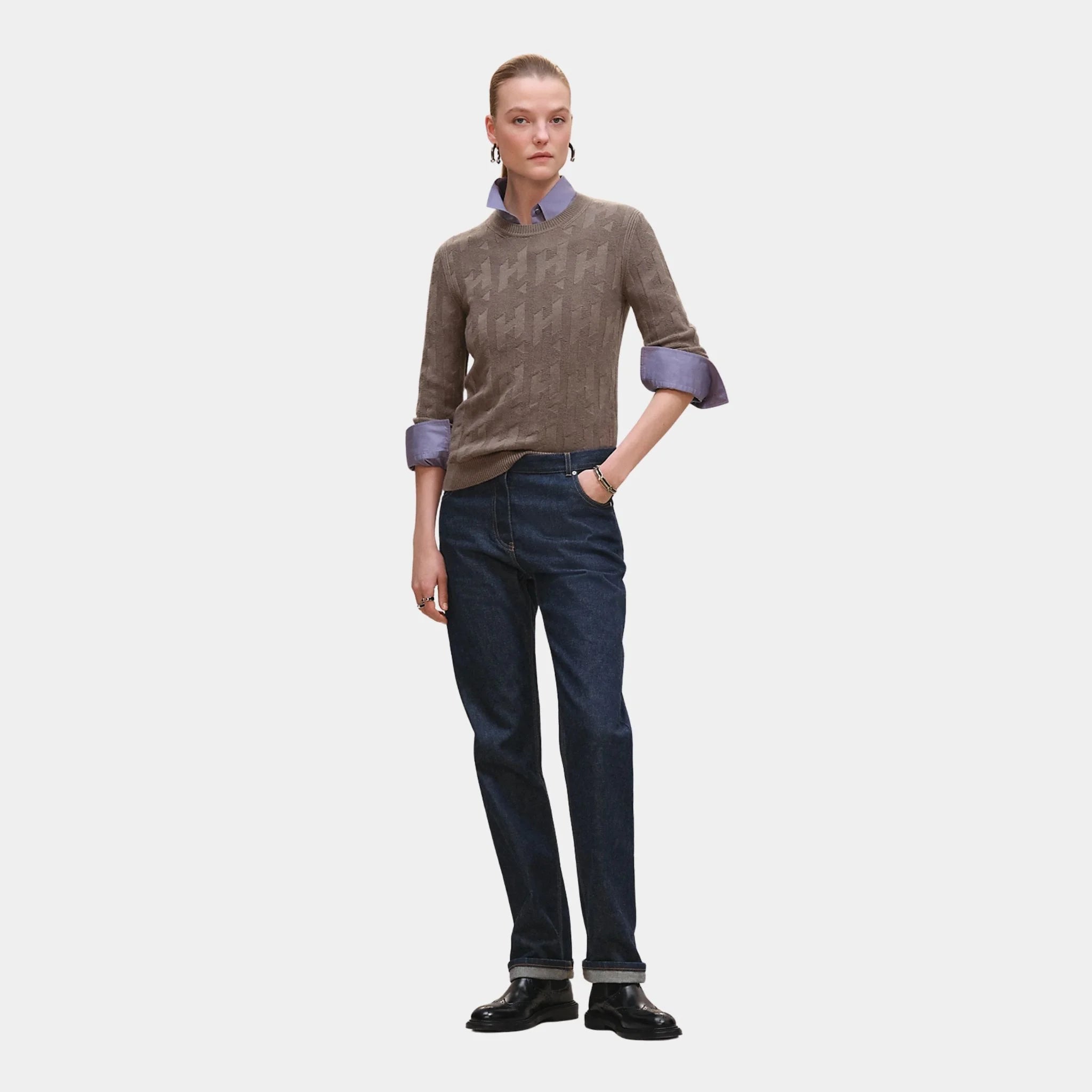 Hermes H Long-Sleeve Sweater in Plain Wool Knit, Gris Etoupe, Front