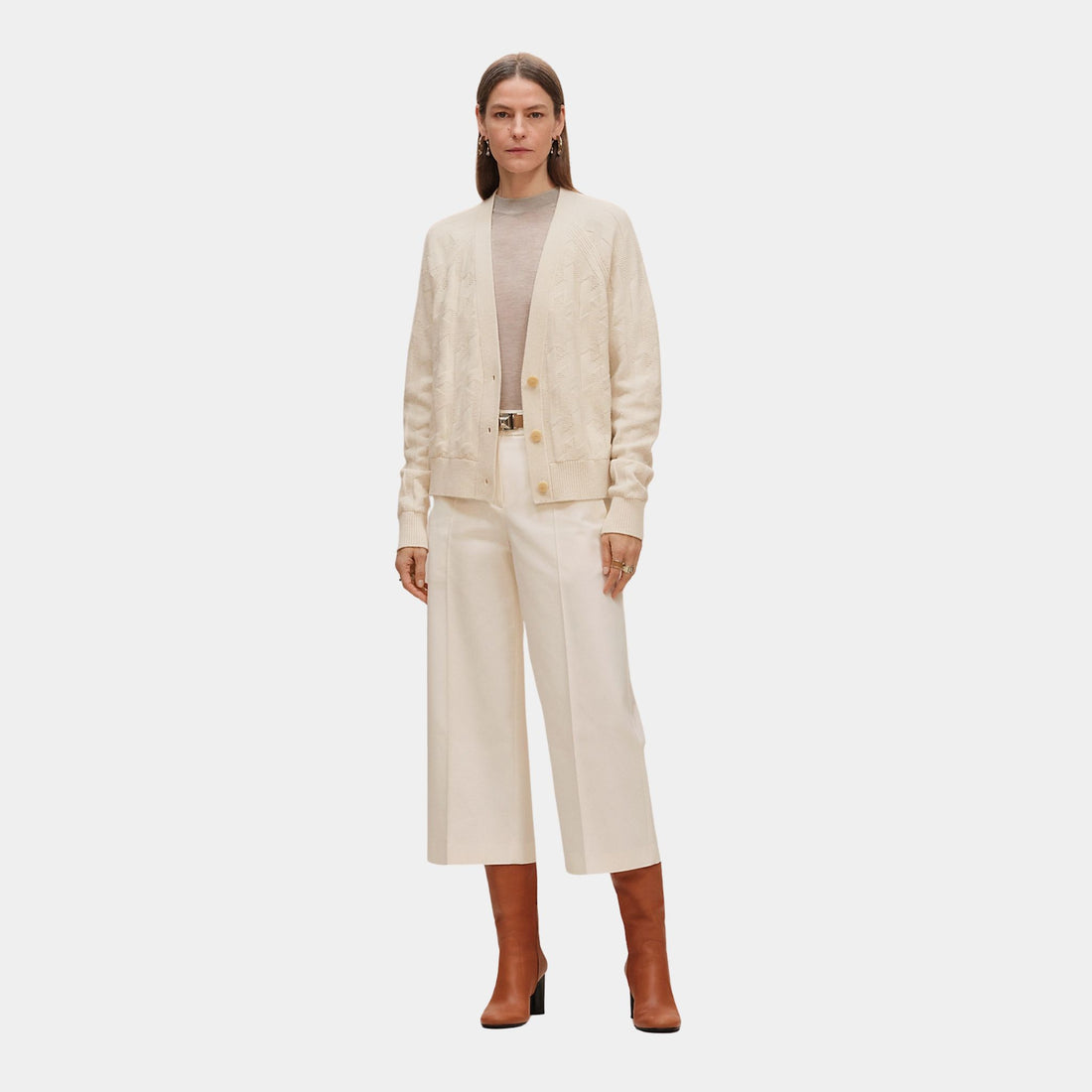 Hermes H Long-sleeve Cardigan in Plain Wool Knit, Blanc Naturel, Front