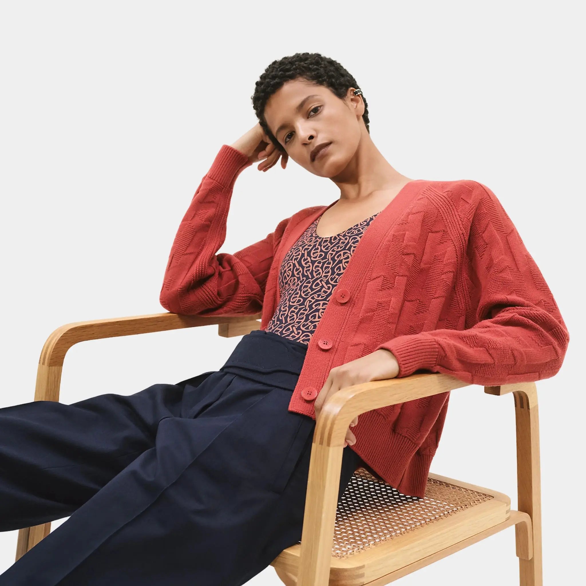 Hermes H Long-sleeve Cardigan in Plain Wool Knit, Rouge Sanguine, Front