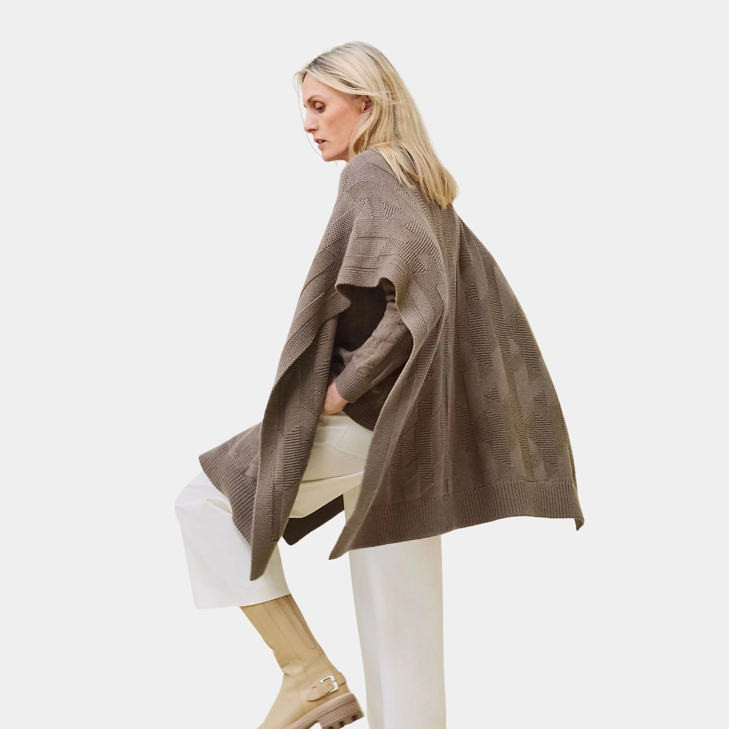 Hermes H Rectangular Cape Poncho in Plain Wool Knit, Gris Etoupe, Back