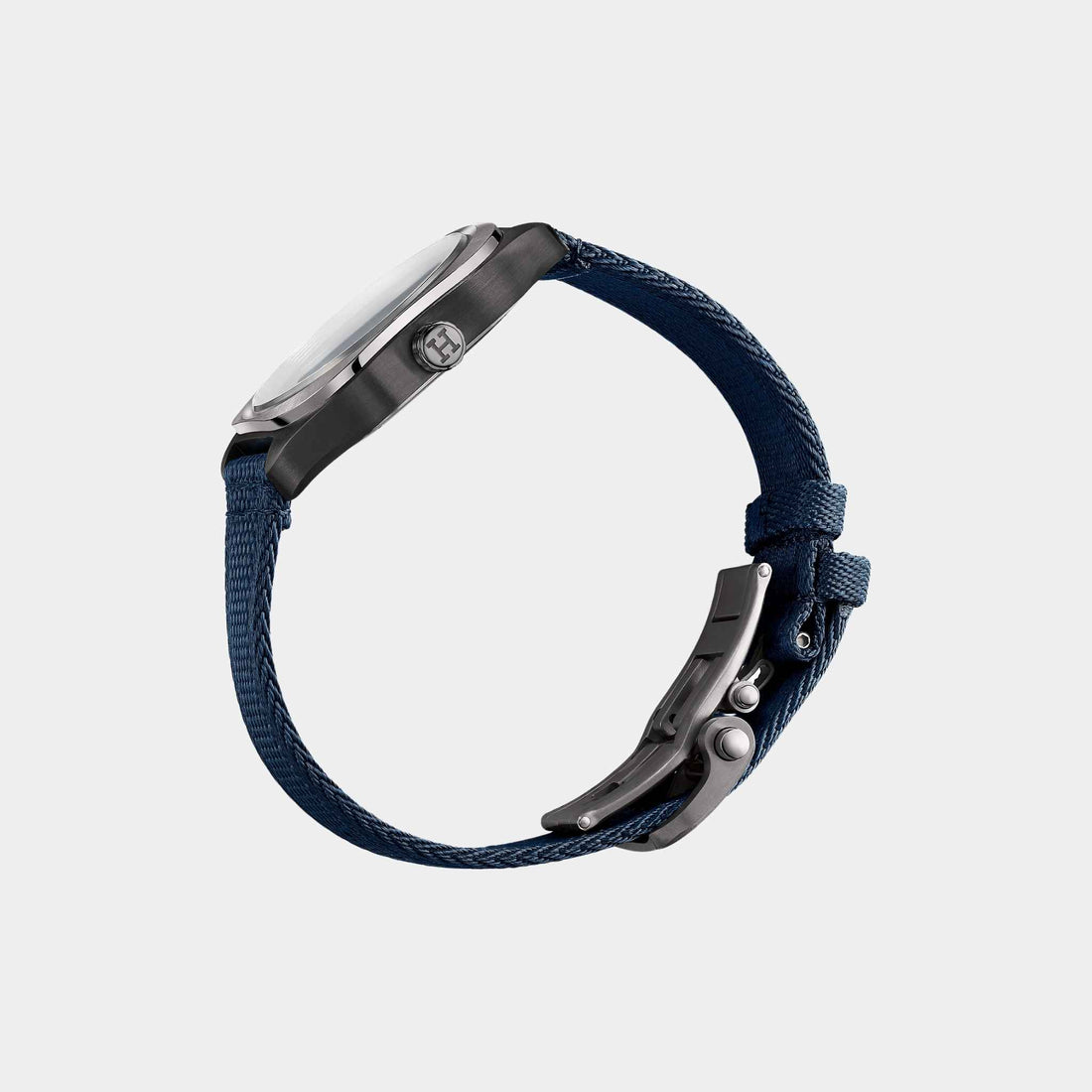 Hermes H08 42mm Titanium Watch with Navy Blue Webbing Strap, Side