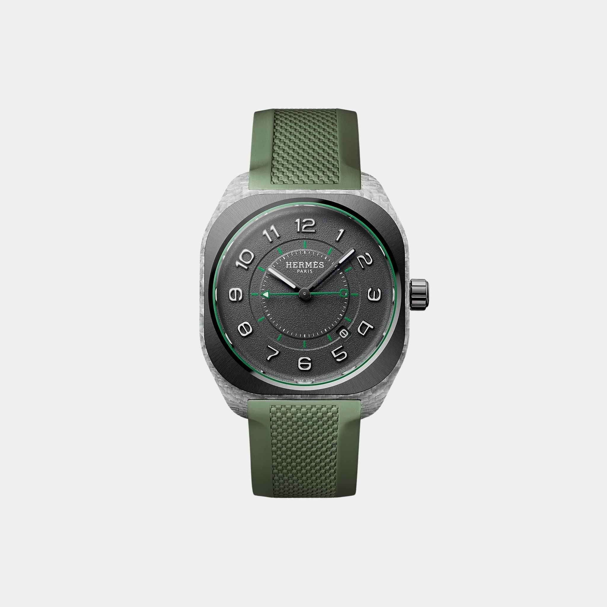 Hermes H08 Fiberglass Watch With Green Rubber Strap